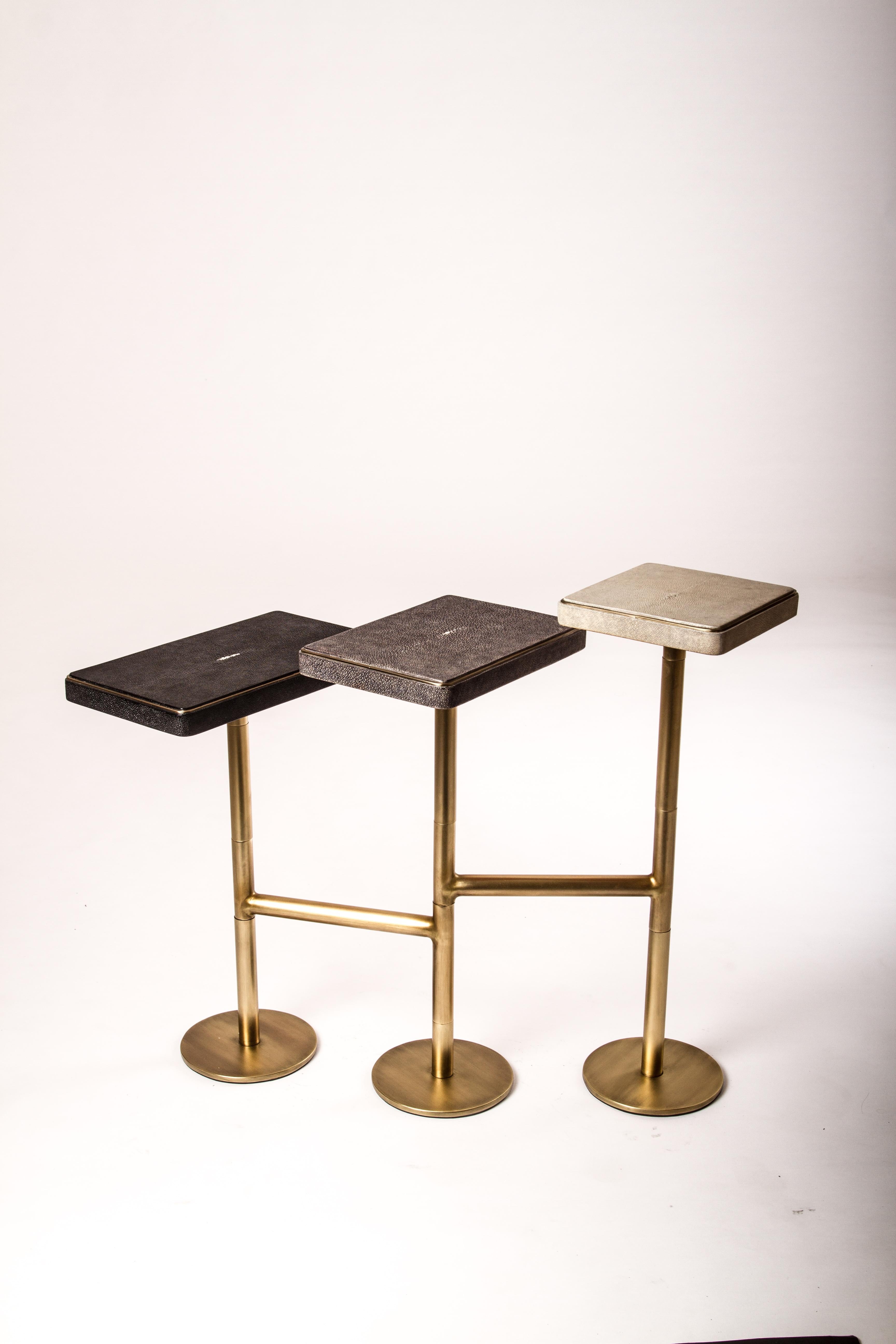 French Rotating 3-Top Side Table in Shagreen and Bronze-Patina Brass by Kifu Paris For Sale