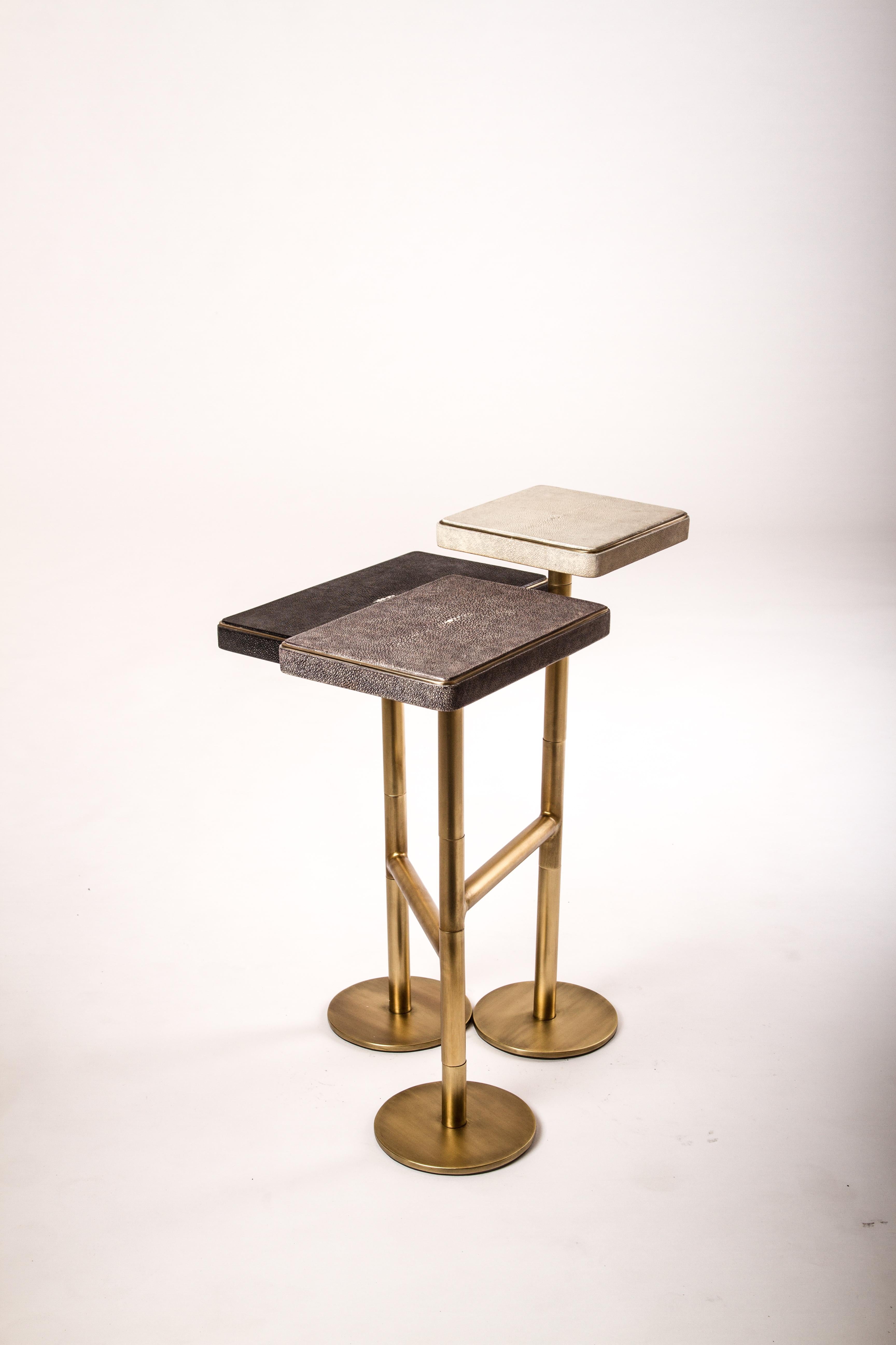 Hand-Crafted Rotating 3-Top Side Table in Shagreen and Bronze-Patina Brass by Kifu Paris For Sale