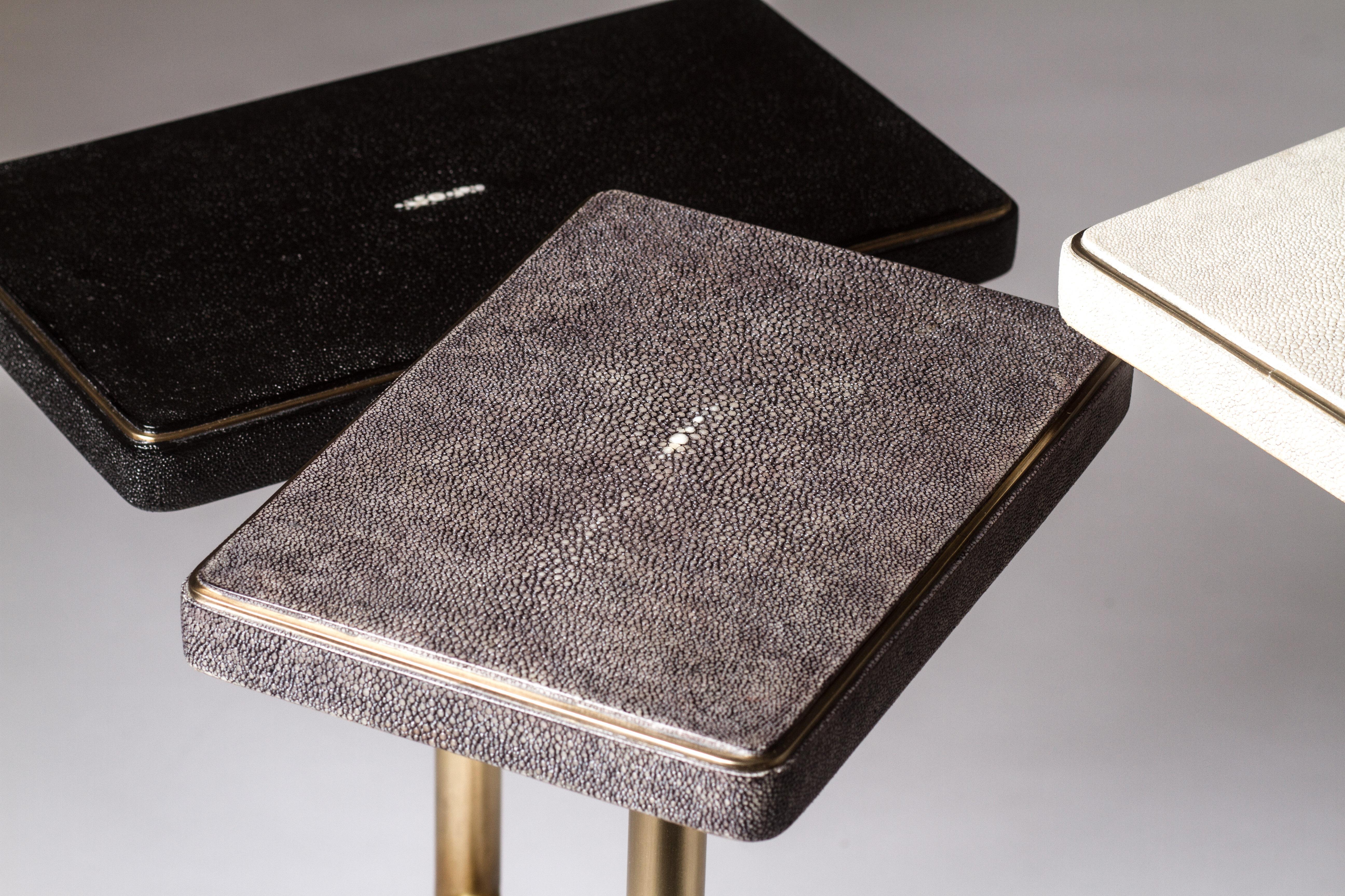 Contemporary Rotating 3-Top Side Table in Shagreen and Bronze-Patina Brass by Kifu Paris For Sale