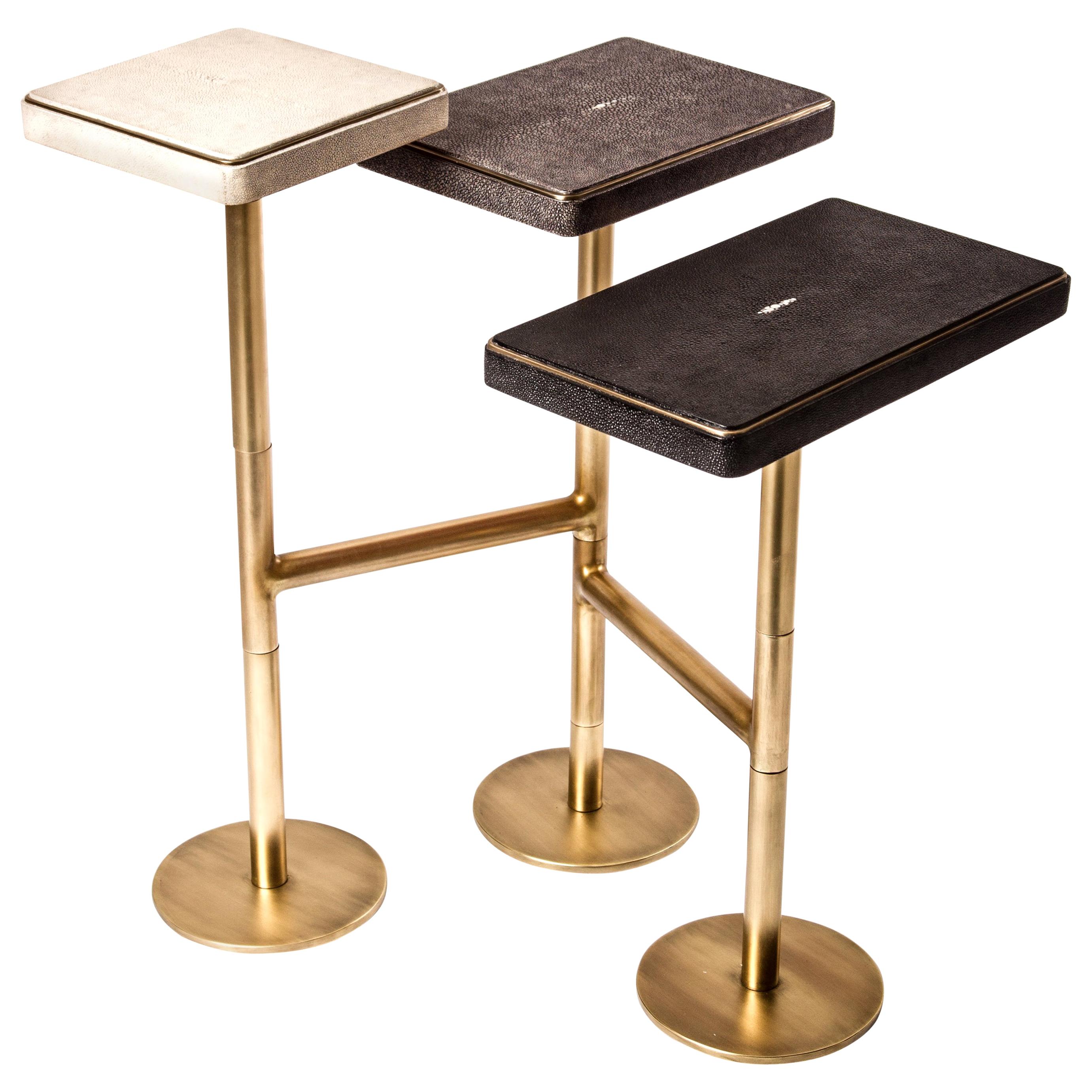 Rotating 3-Top Side Table in Shagreen and Bronze-Patina Brass by Kifu Paris