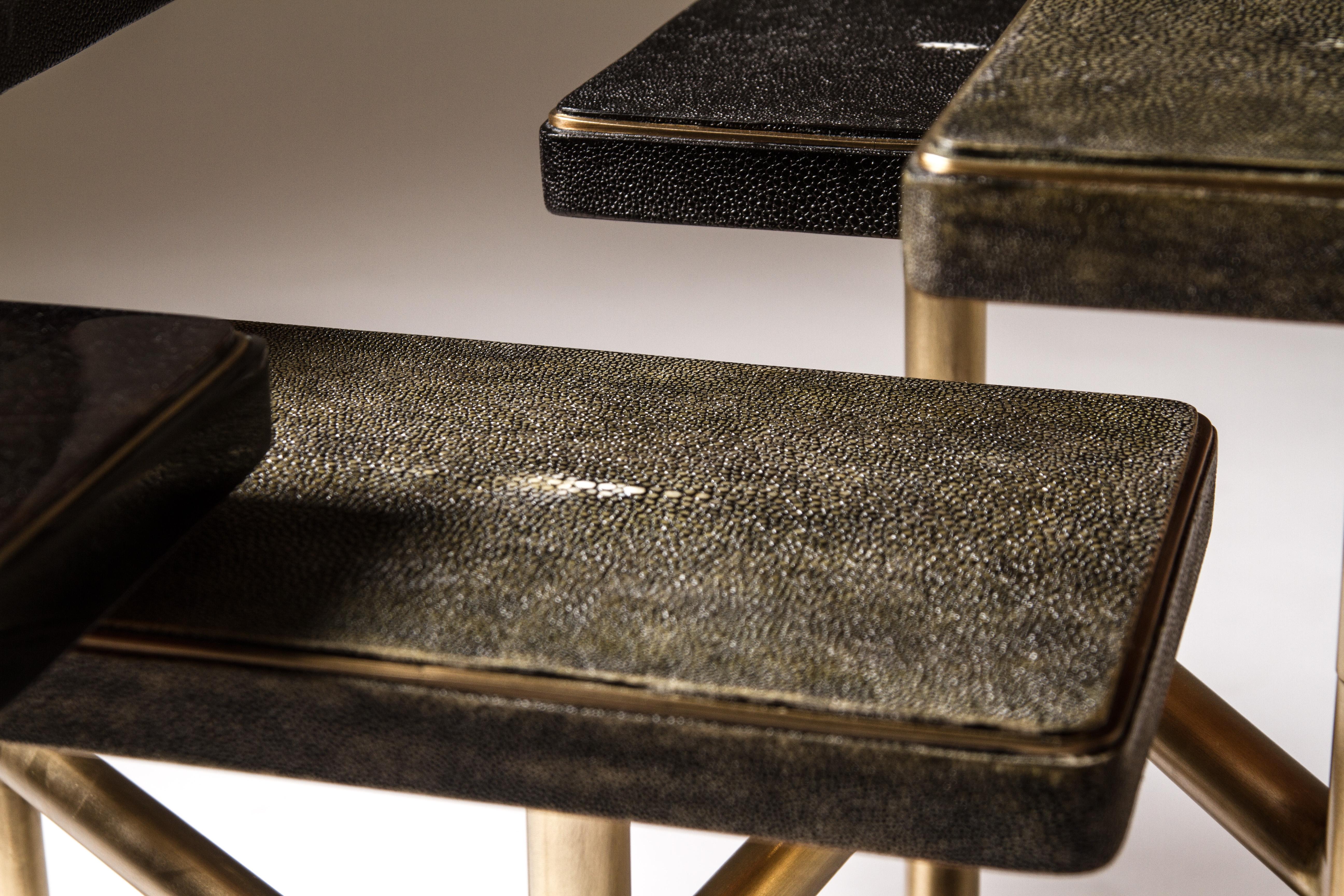 French Rotating 5-Top Coffee Table in Shagreen & Bronze-Patina Brass by Kifu Paris