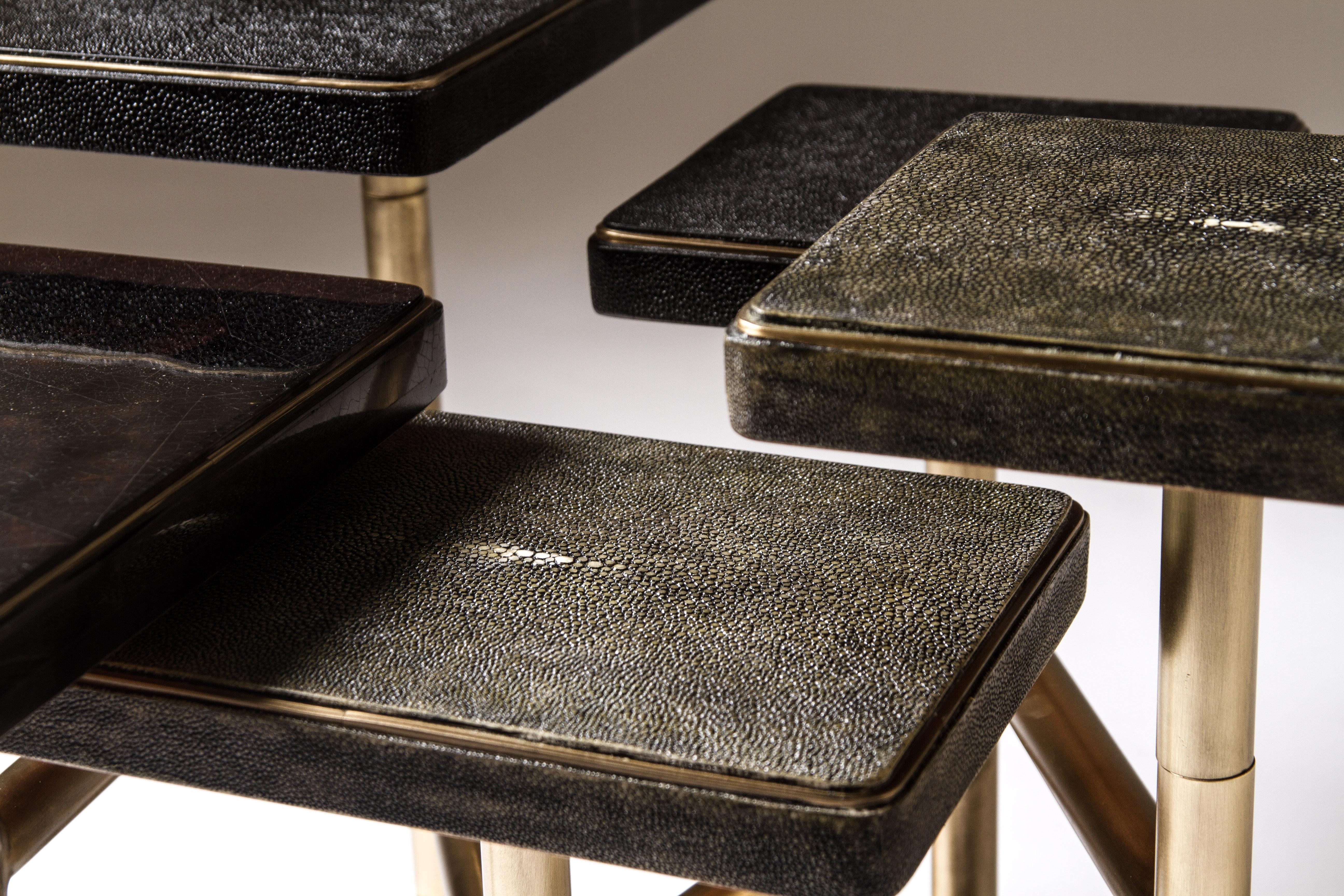 Hand-Crafted Rotating 5-Top Coffee Table in Shagreen & Bronze-Patina Brass by Kifu Paris