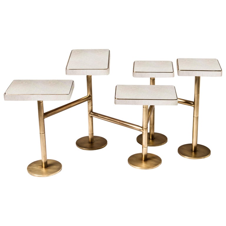 Rotating 5 Top Coffee Table In White Shagreen Bronze Patina Brass By Kifu Paris For Sale At 1stdibs
