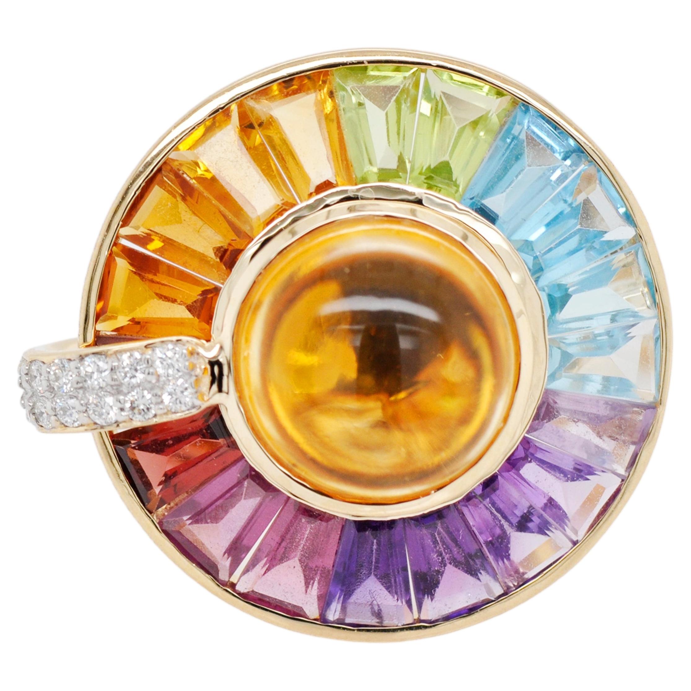 Rotating 8.77 Carats 14K Gold Rainbow Gemstones Citrine Cabochon Diamond Ring