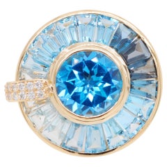 Rotating 9.46 Carats Blue Topaz Diamond Spinning Cocktail Gold Ring