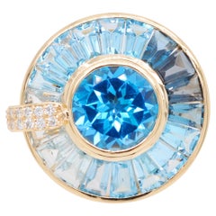 Rotating 9.46 Carats Blue Topaz Diamond Spinning Cocktail Gold Ring