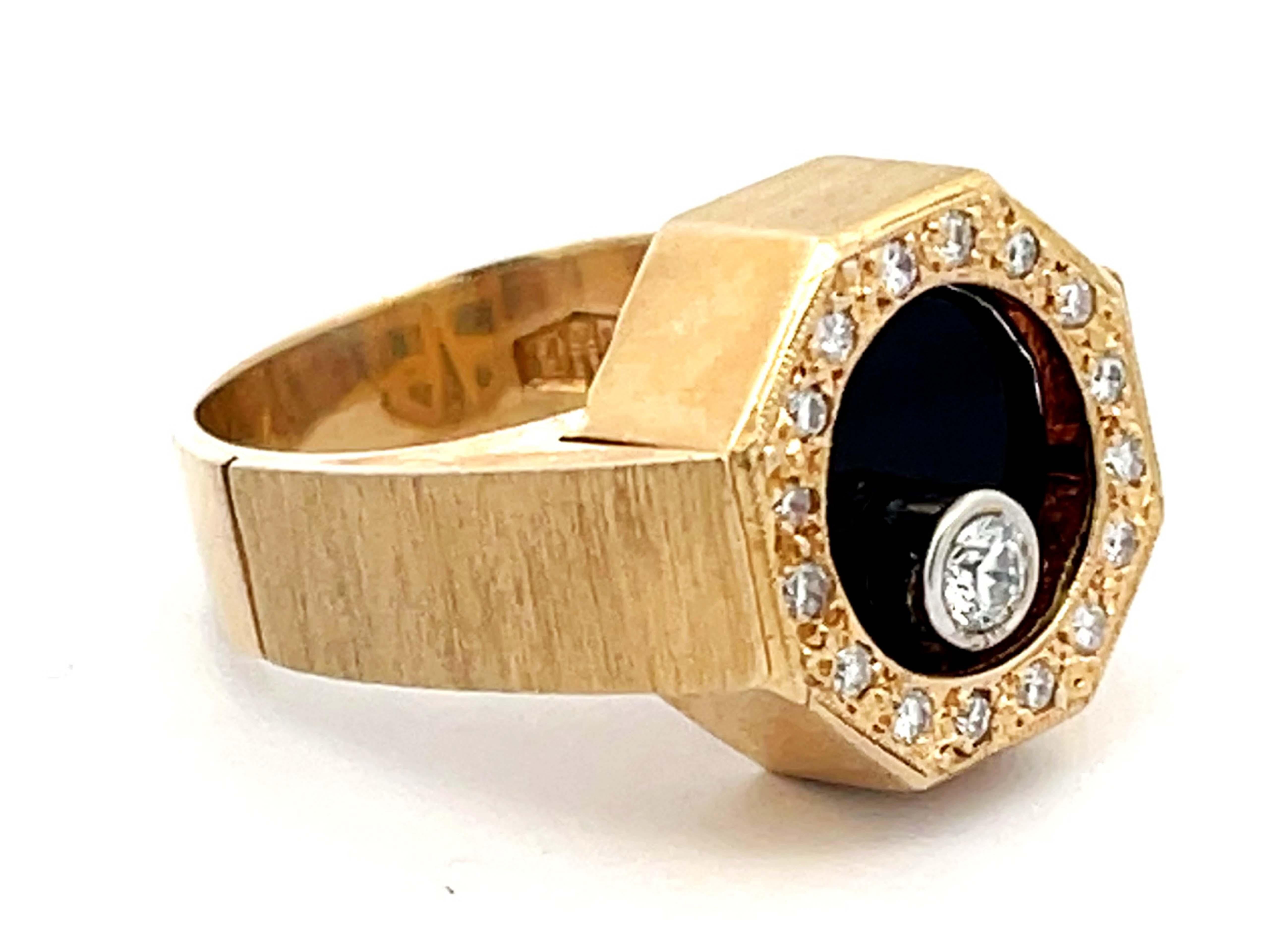 Brilliant Cut Rotating Diamond Ring on Black Onyx with Diamond Halo in 14k Yellow Gold For Sale