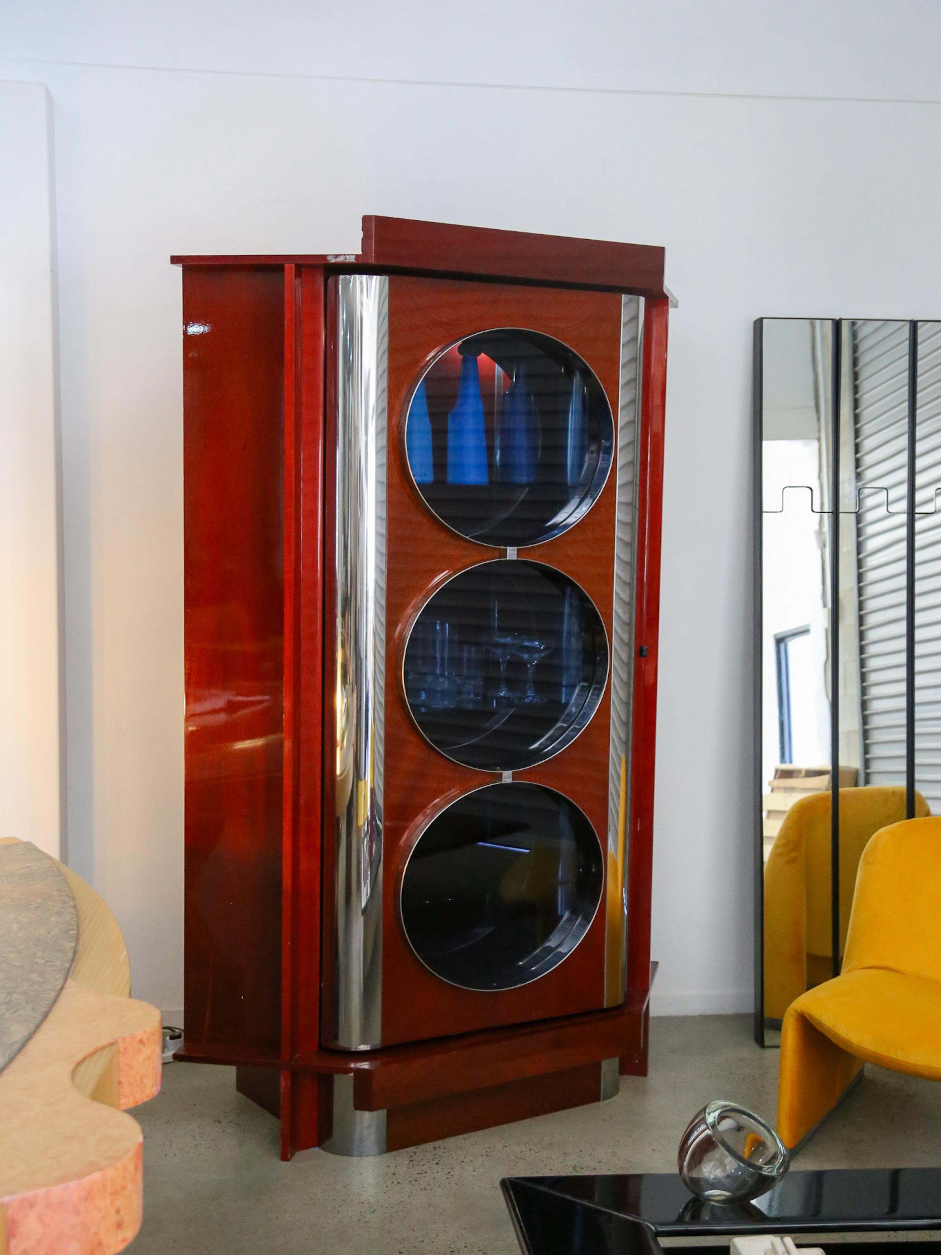 Late 20th Century Rotating Dry Bar Cabinet in the Style of Willy Rizzo in Wood & Chrome