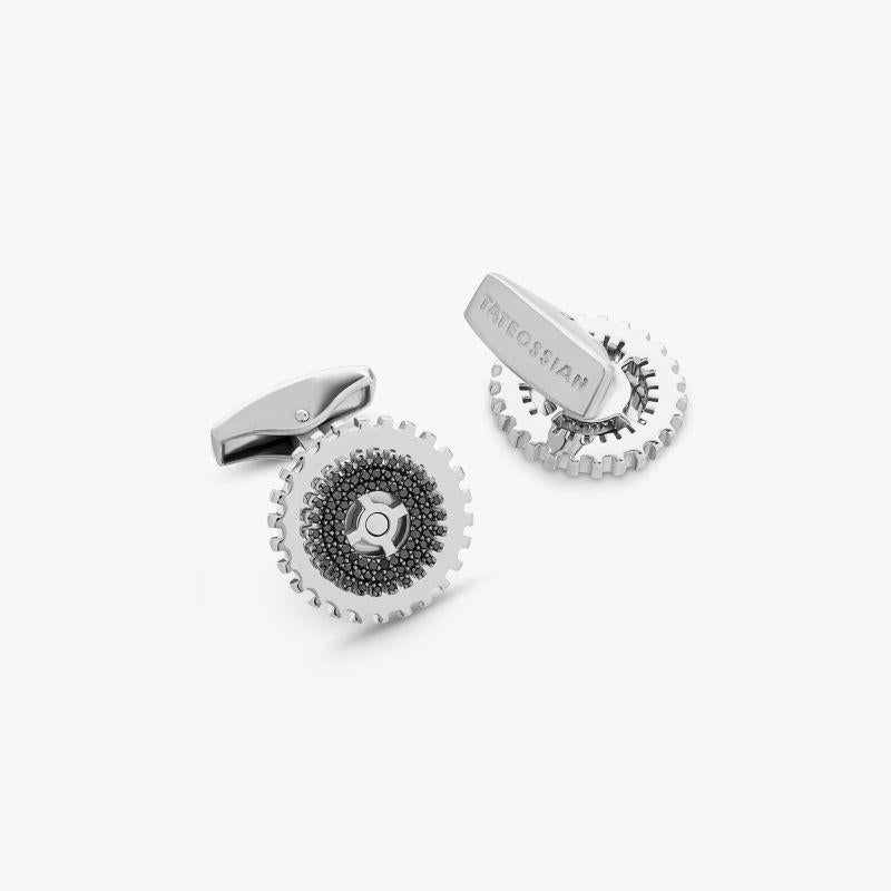 Art Deco Rotating Gear Cufflinks with Black Diamond in Sterling Silver For Sale