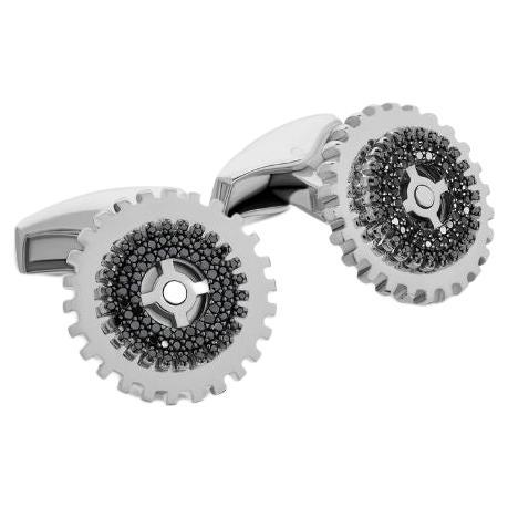 Rotating Gear Cufflinks with Black Diamond in Sterling Silver For Sale