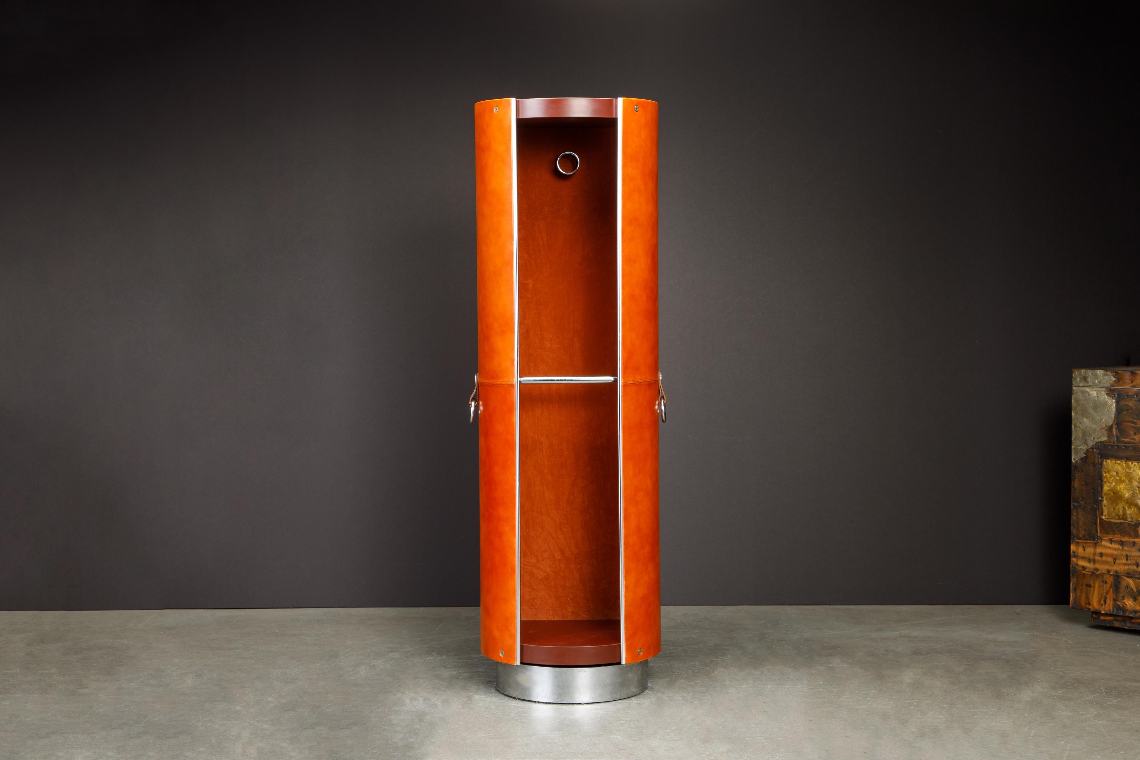 A rare coveted leather wardrobe cabinet by designer Guido Faleschini for Italian maker i4 Mariani, designed and produced in the 1970s for a short time along with a collection of iconic leather clad furniture rumored to have been retailed by Hermes.
