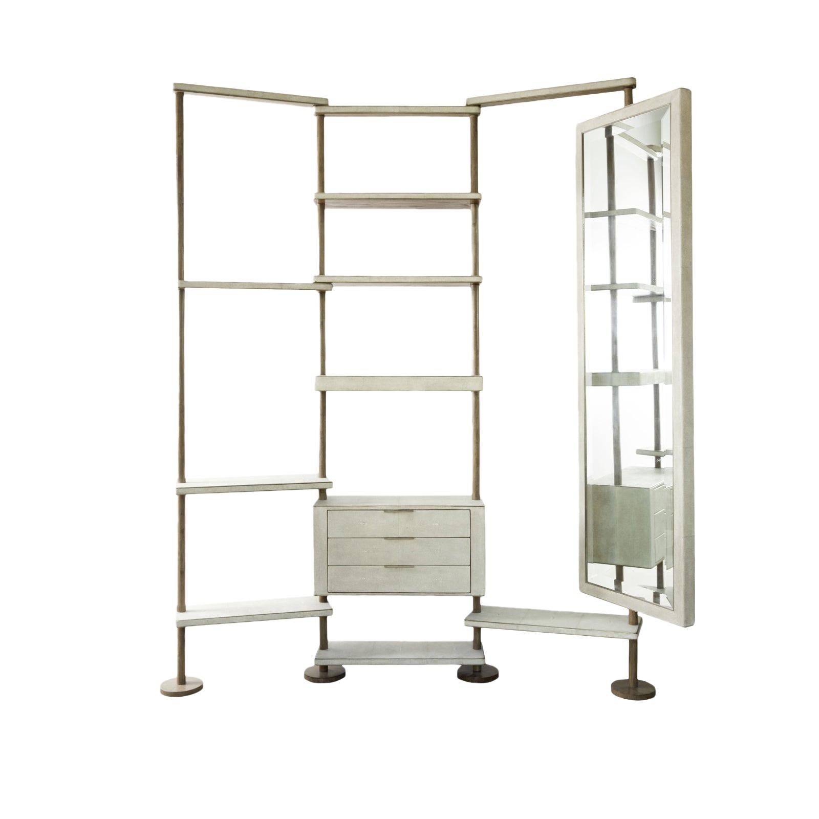 Rotating Shelving Unit with Full Body Mirror in Cream Shagreen by Kifu Paris For Sale