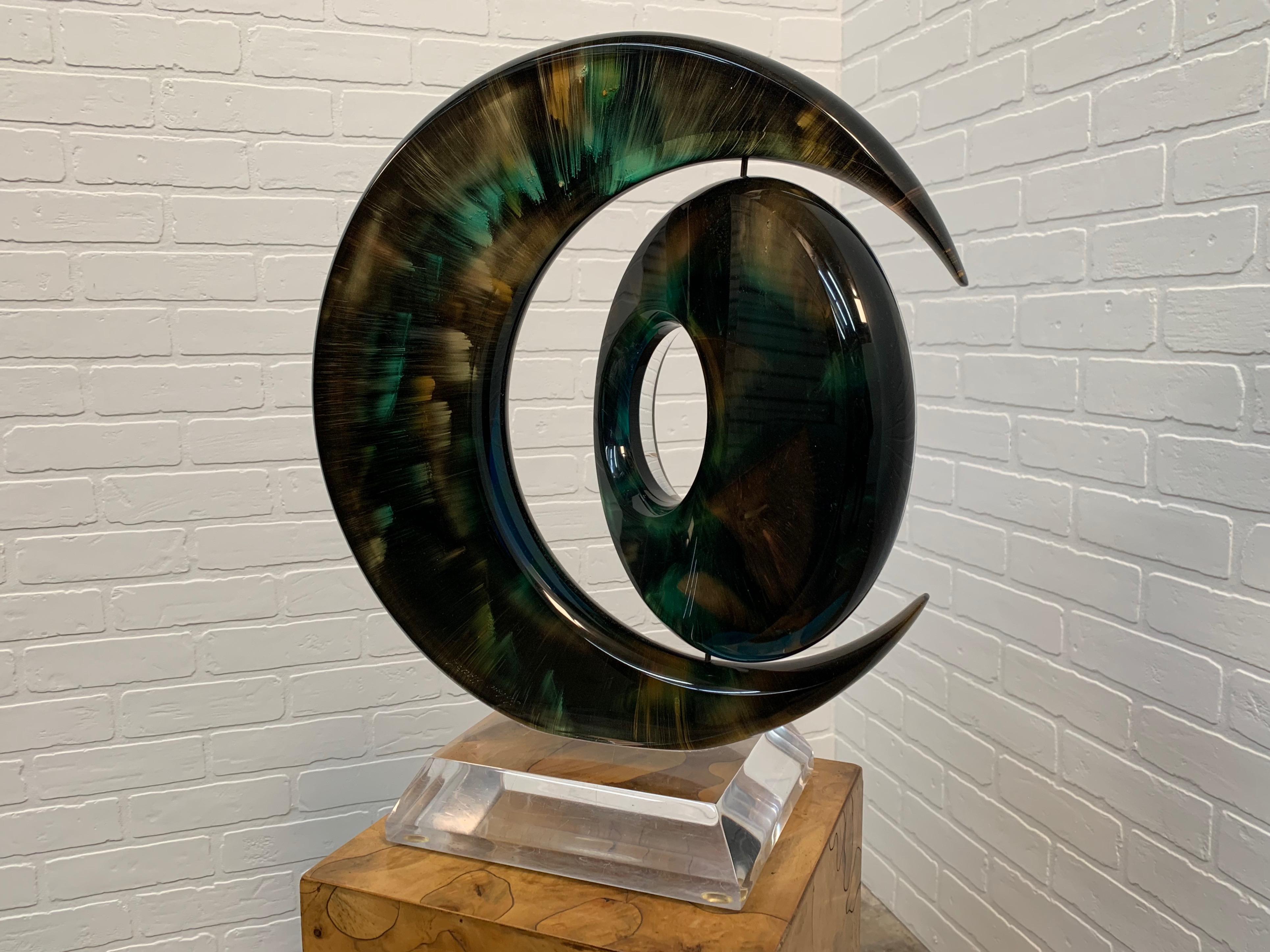 Modern Rotating Sphere within a Crescent Lucite Sculpture by Shlomi Haziza