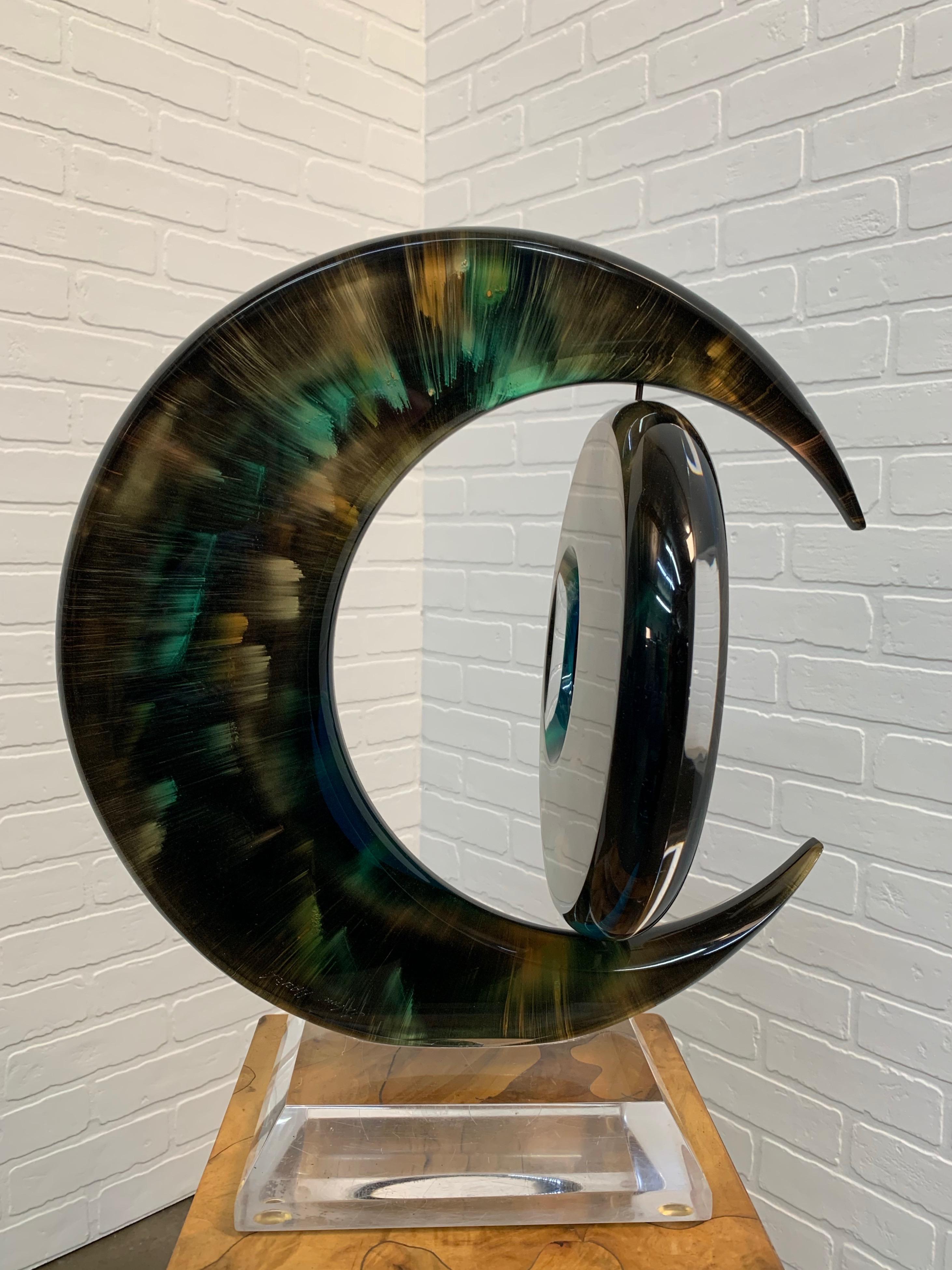 Rotating Sphere within a Crescent Lucite Sculpture by Shlomi Haziza In Good Condition In Denton, TX