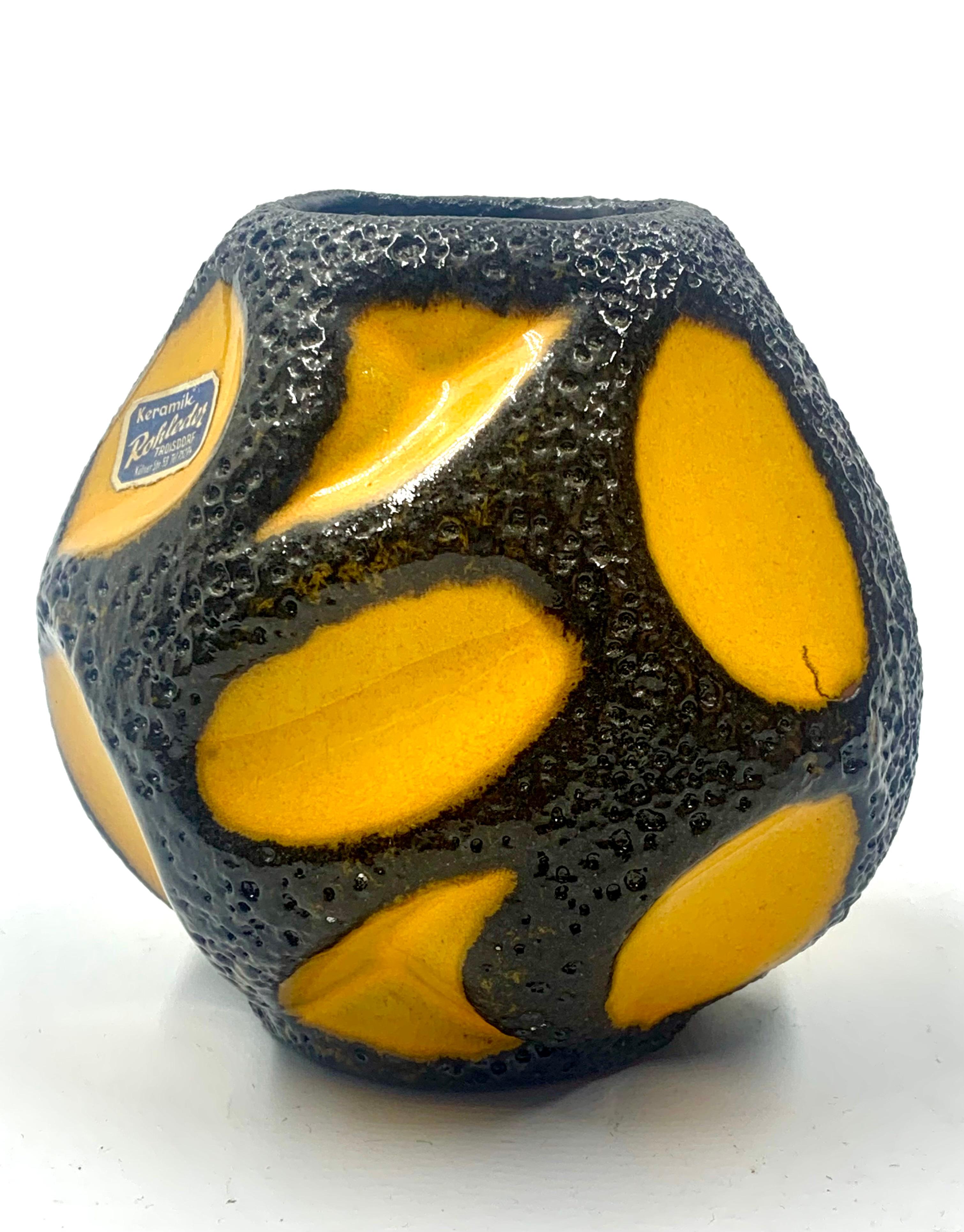 Molded Roth Keramik yellow and black ball vase, West Germany, c.1970.