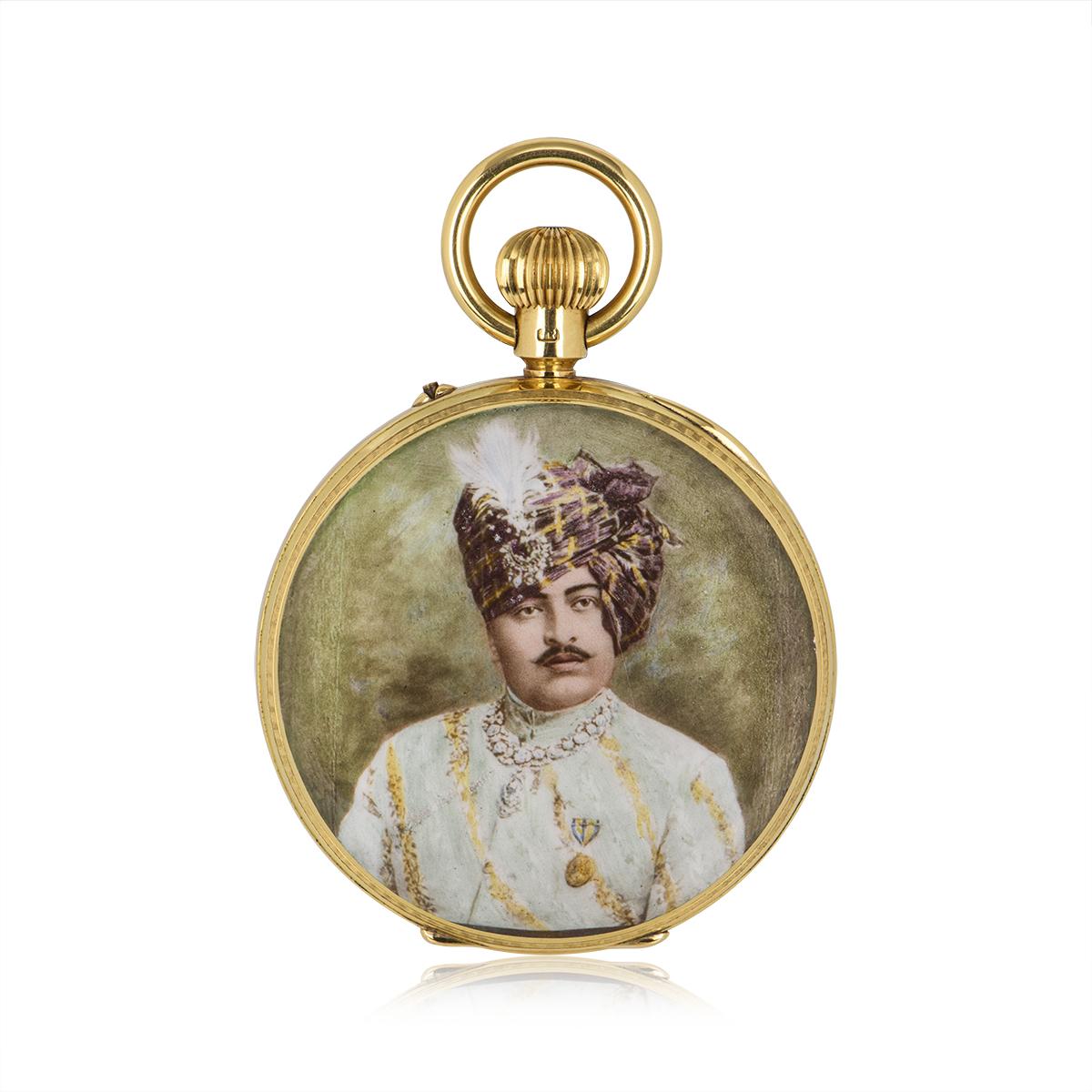 Men's Rotherhams 18kt Gold Open Face PocketWatch with an Enamel Portrait of a Maharaja