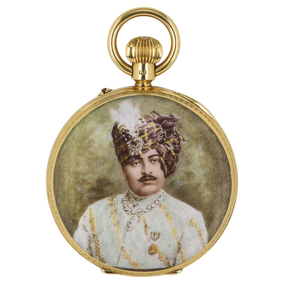 Rotherhams 18kt Gold Open Face PocketWatch with an Enamel Portrait of a Maharaja