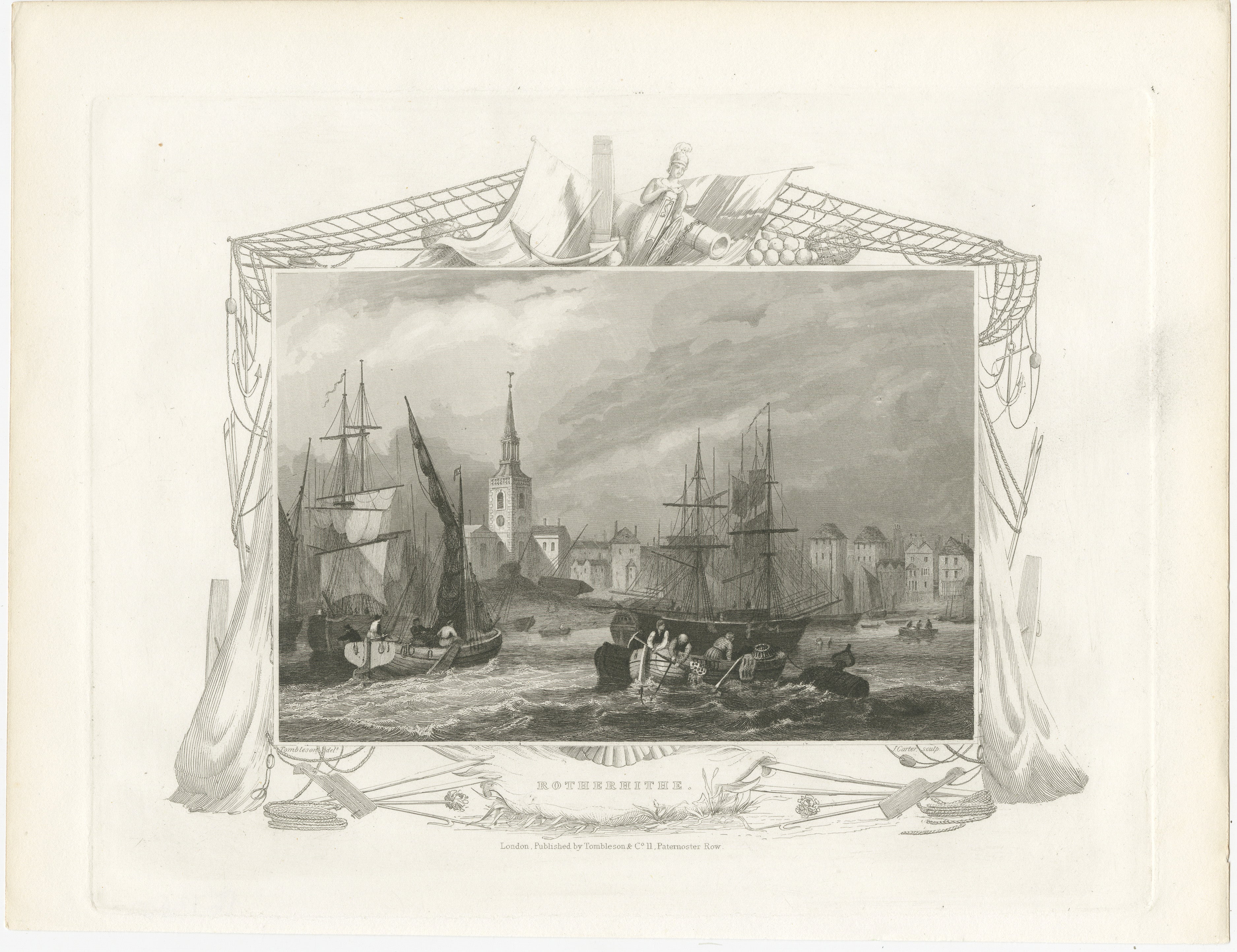 The engraving depicts a vivid scene from the banks of the River Thames, offering a glimpse into the bustling maritime life of Rotherhithe in the early 19th century. 

In the foreground, we see fishermen engaged in their daily labor, hauling in their
