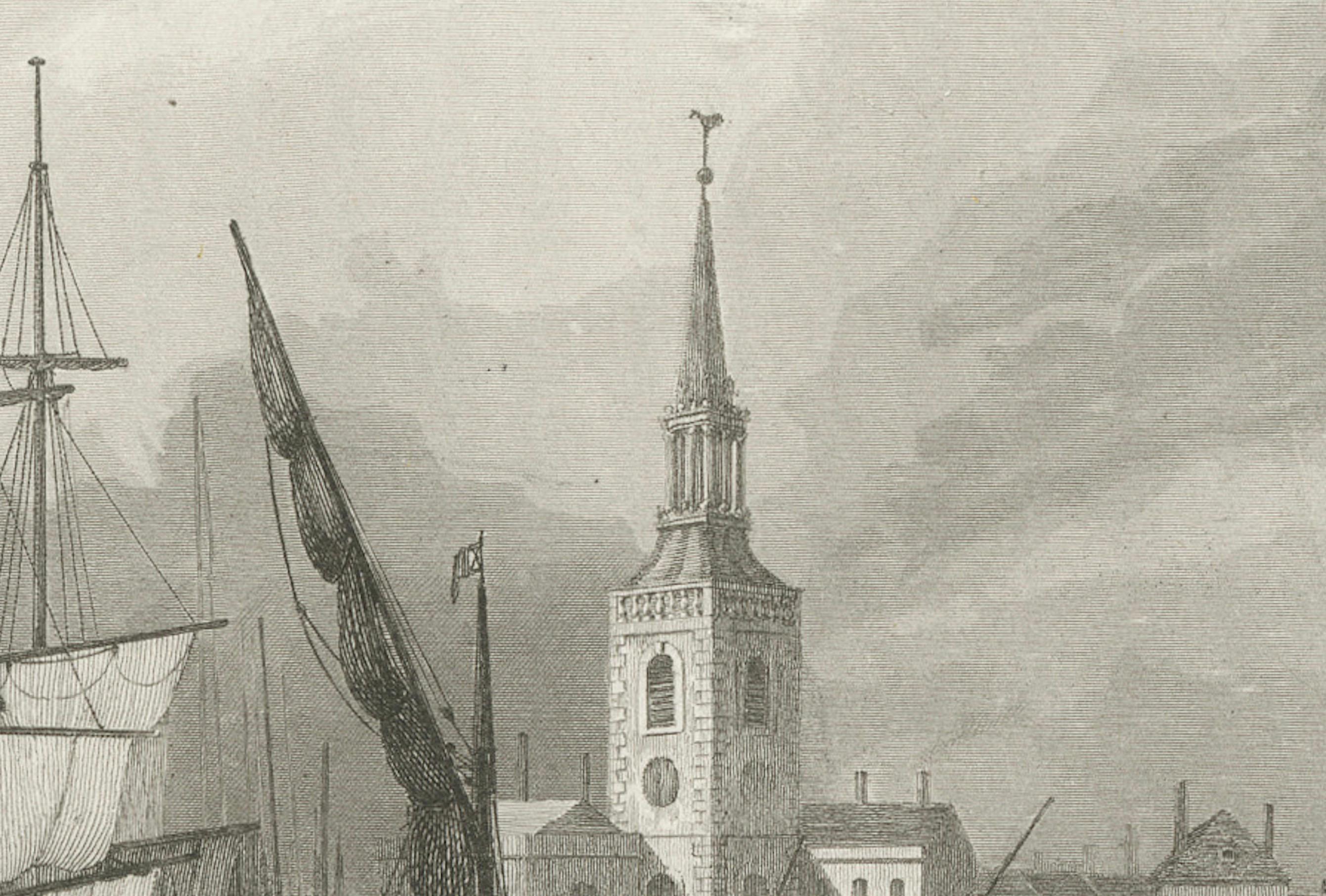 Engraved Rotherhithe's Maritime Past: Sailing Ships and St. Mary's Church Spire, 1835 For Sale