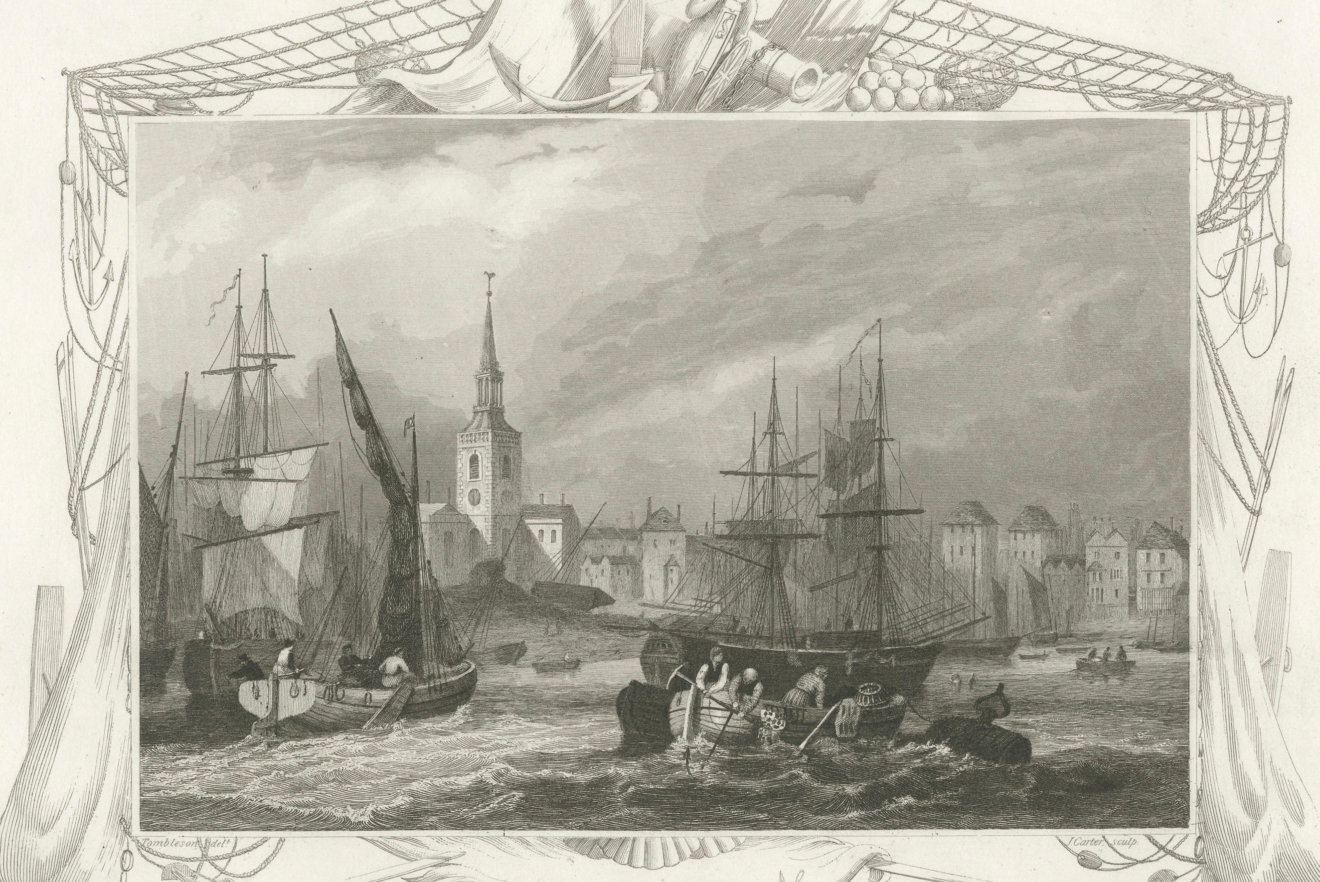 Paper Rotherhithe's Maritime Past: Sailing Ships and St. Mary's Church Spire, 1835 For Sale