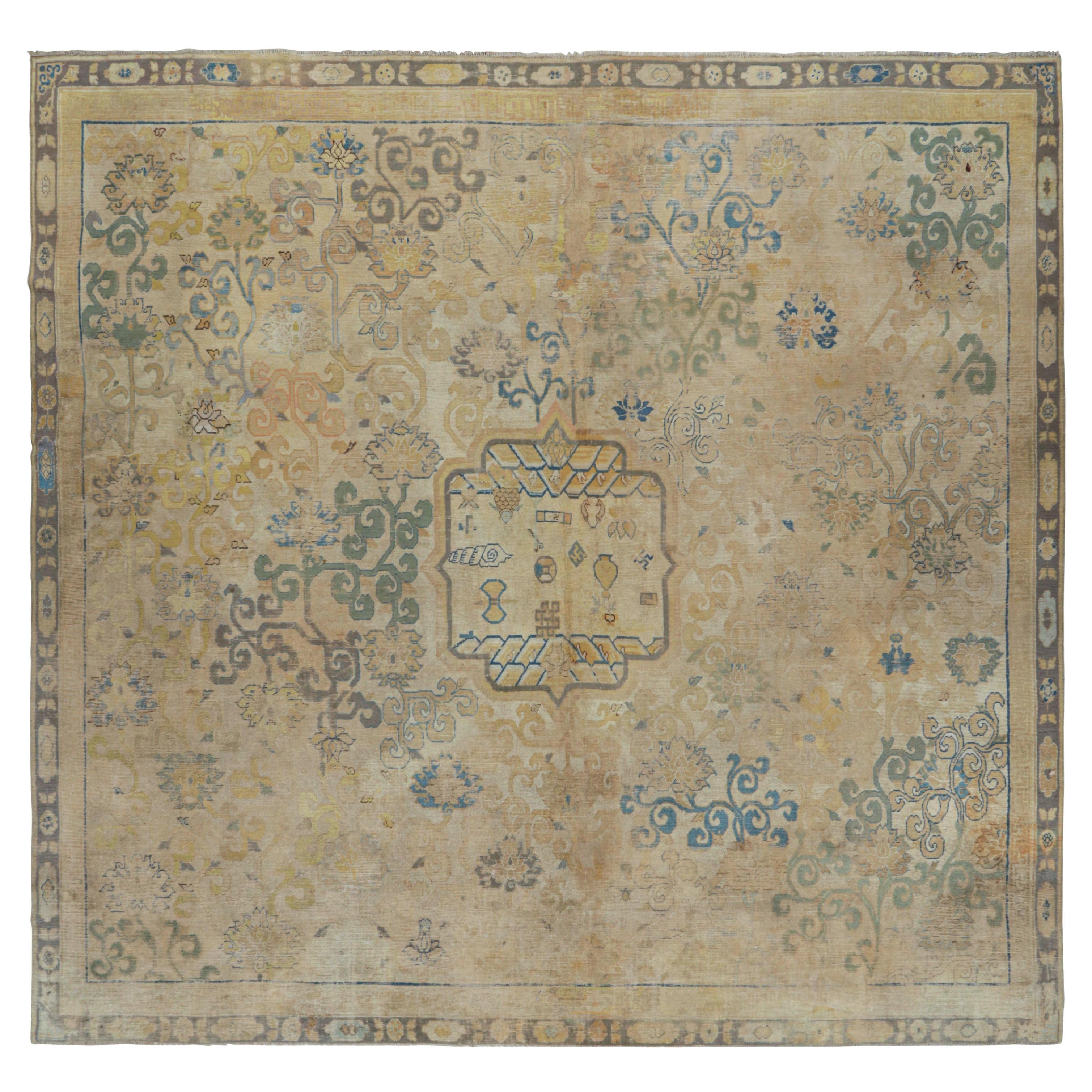 Rothschild Antique Chinese Ningxia Square Rug with Florals