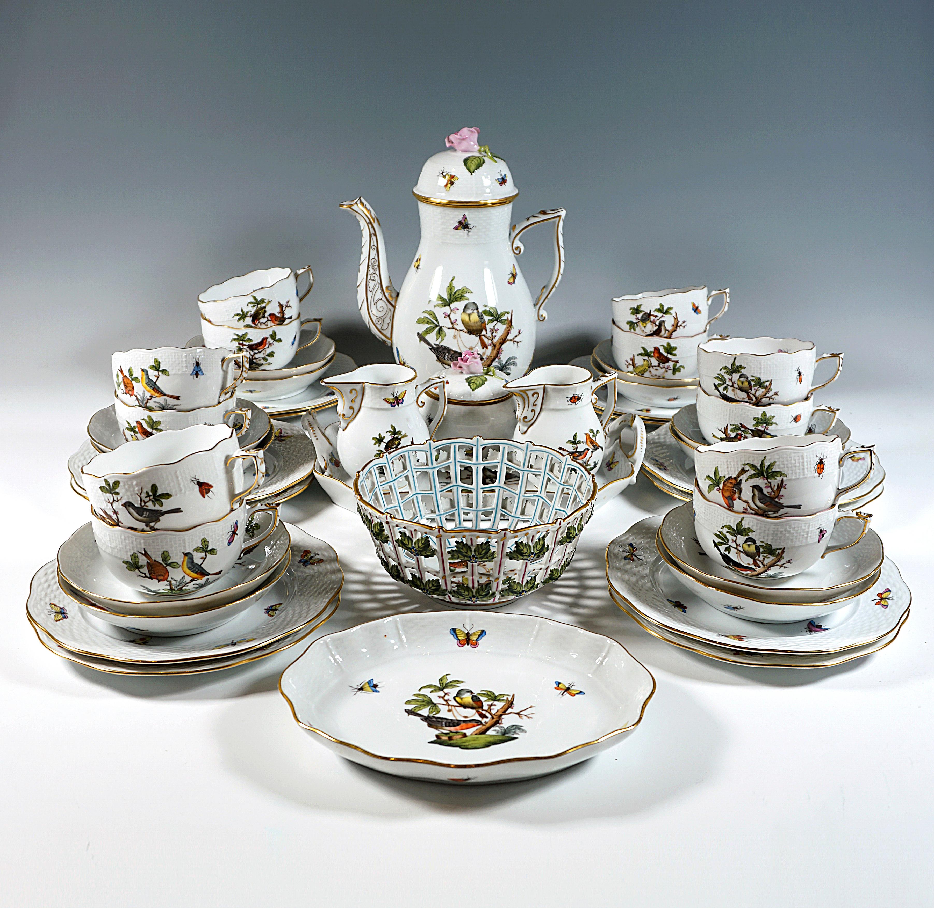 Herend service consisting of 43 parts: 1 lidded coffee pot, 2 milk jugs, 1 lidded sugar bowl, 12 cups, 12 saucers, 12 dessert plates, 1 serving 
tray square with handles, 1 serving tray oval, 1 breakthrough basket.
Shape: Osier / basket weave
Decor: