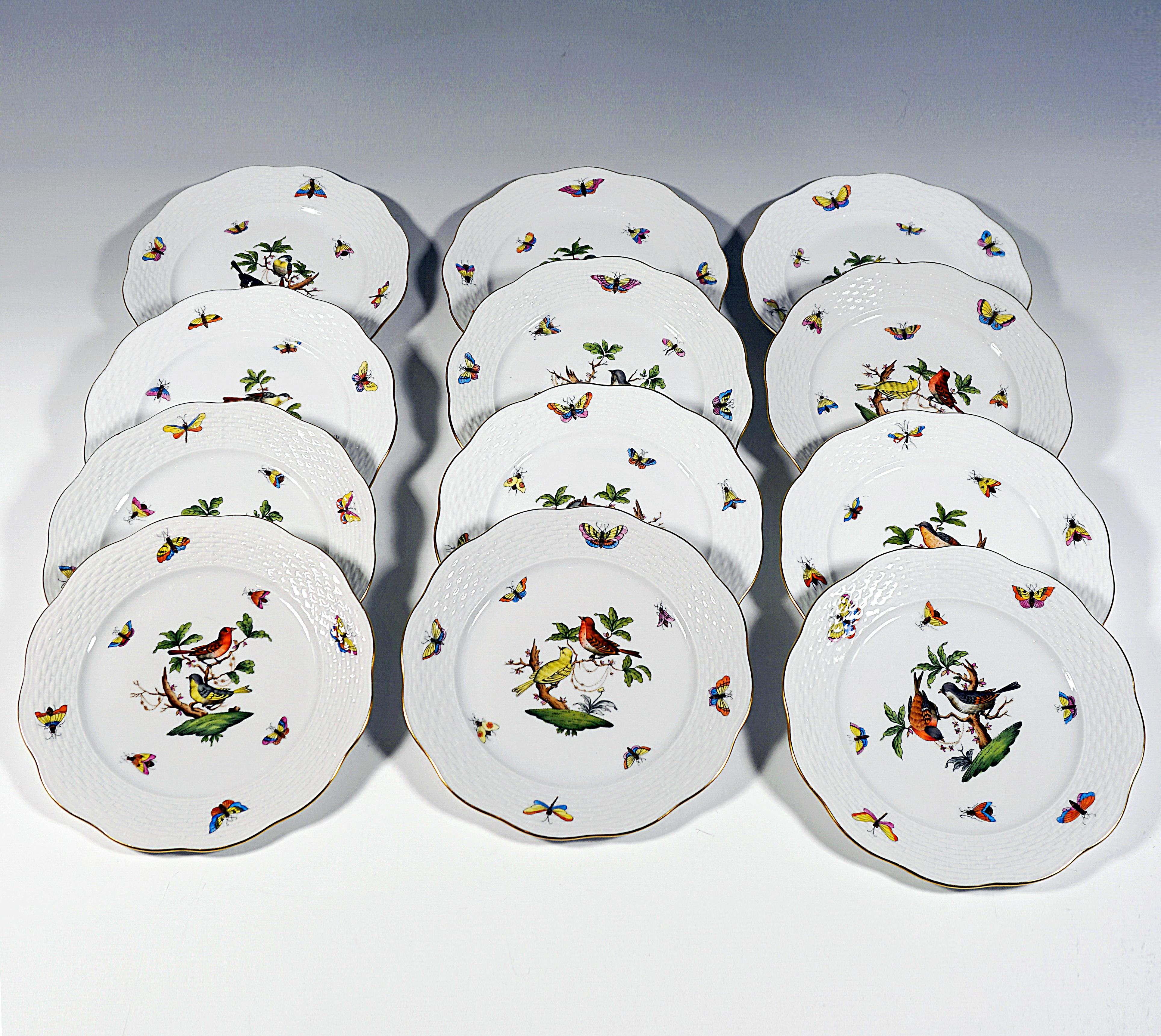 Porcelain Rothschild Oiseaux Coffee & Dessert Set For 12 Persons Herend Hungary, 20th C For Sale