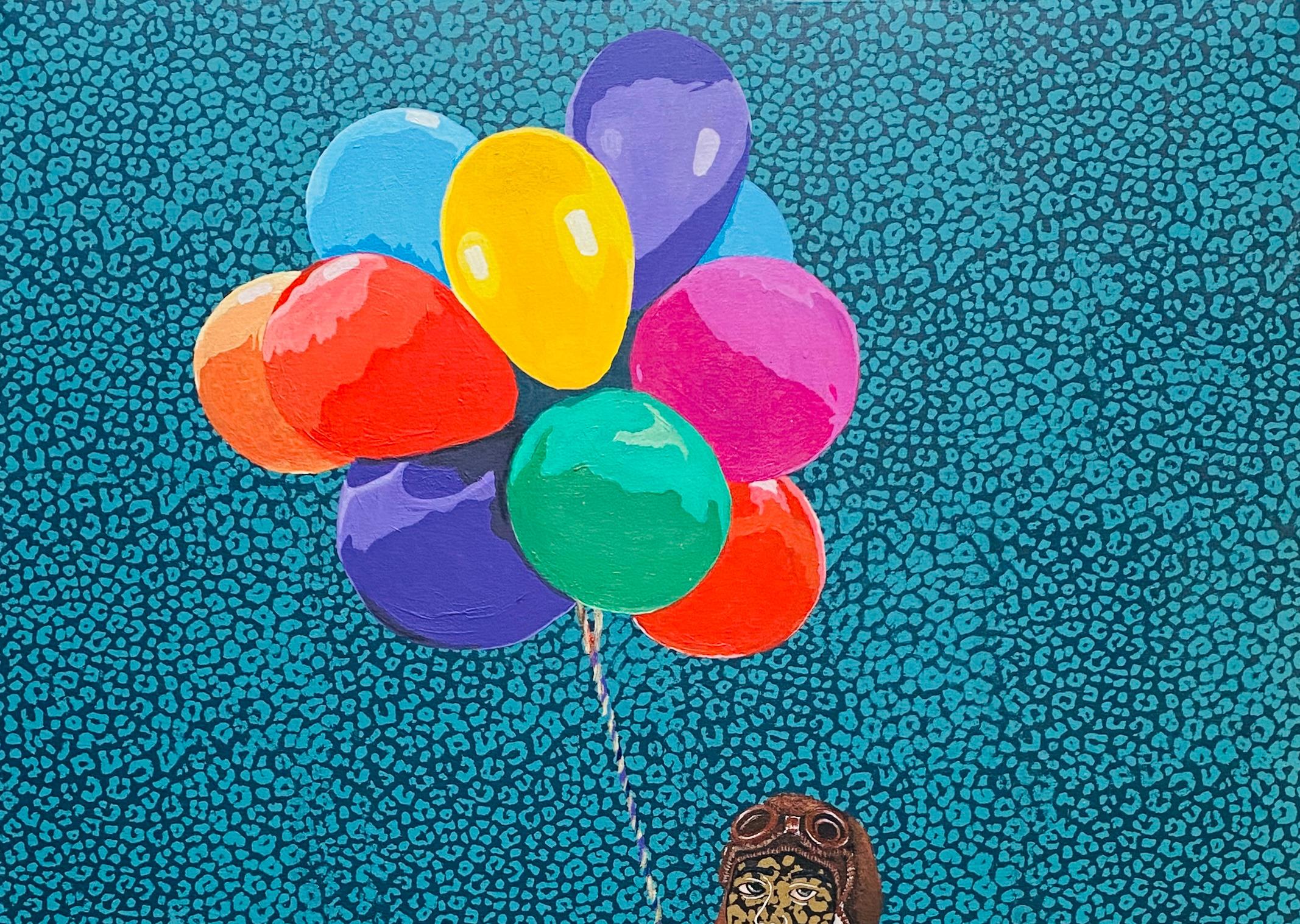 Floating on Cloud Nine -21st Century, Expressionist, Figurative Modern, Balloon - Painting by Rotimi Godwin