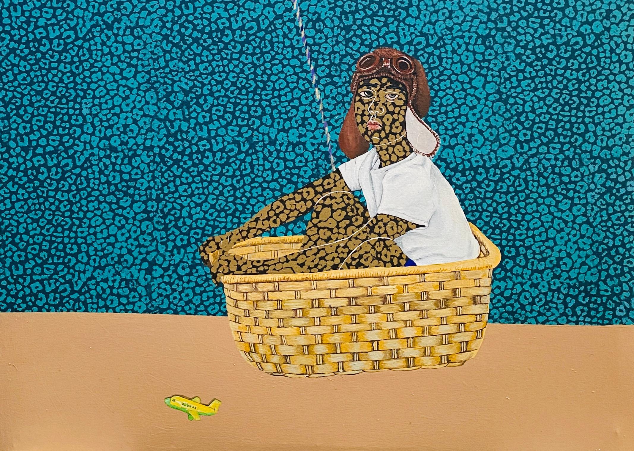 Floating on Cloud Nine -21st Century, Expressionist, Figurative Modern, Balloon - Blue Figurative Painting by Rotimi Godwin