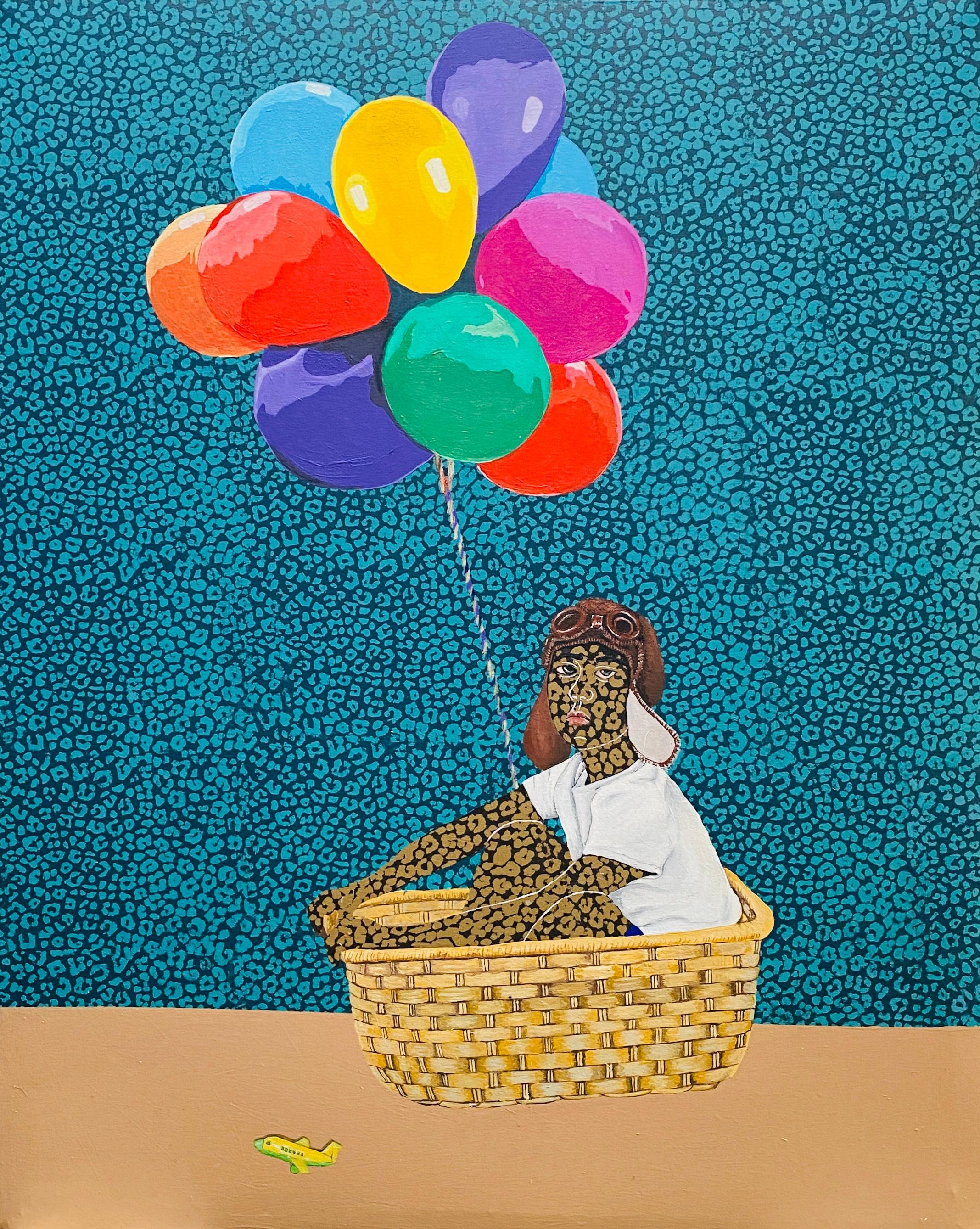 Rotimi Godwin Figurative Painting - Floating on Cloud Nine -21st Century, Expressionist, Figurative Modern, Balloon