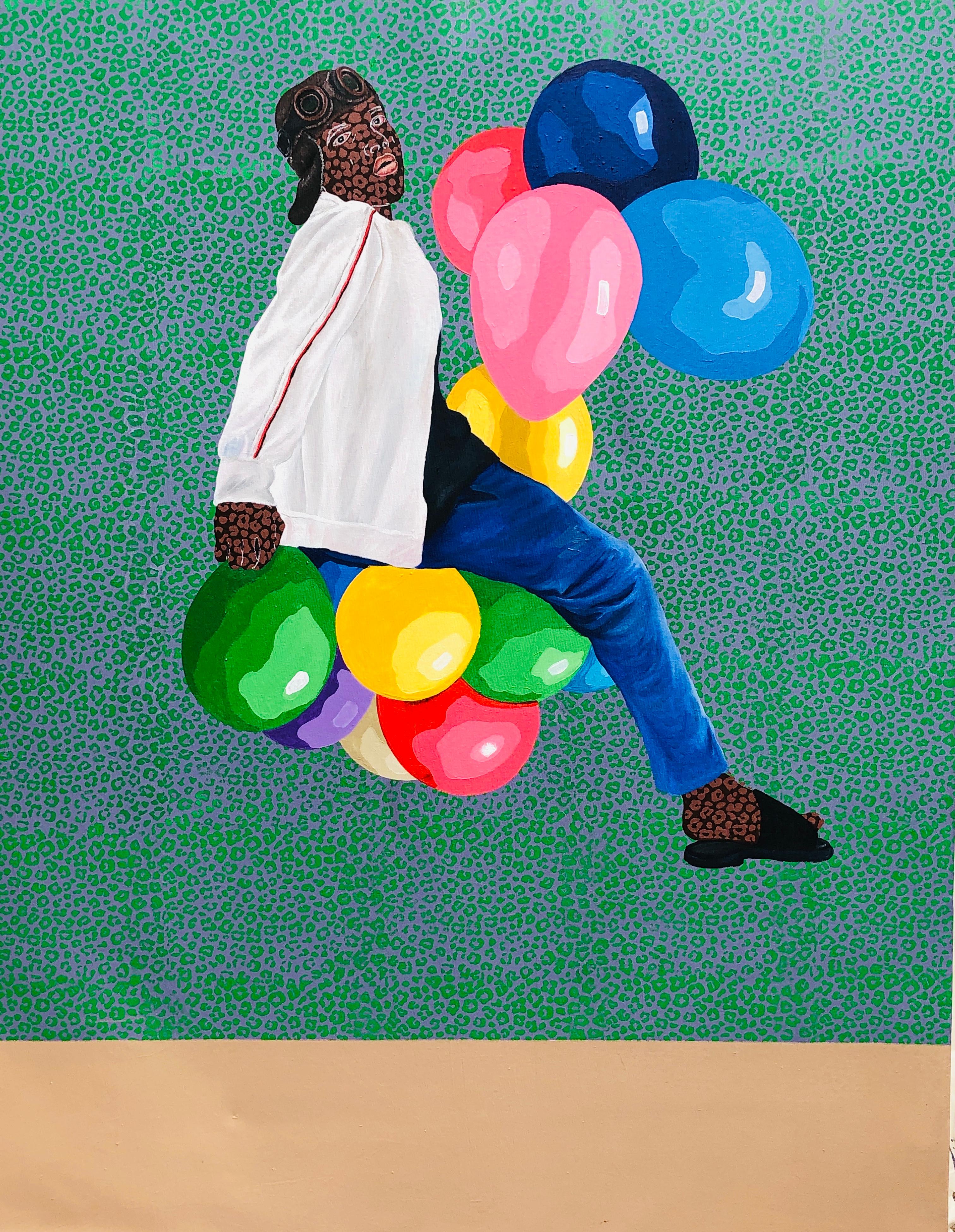 Freedom Flight -21st Century, Expressionist Modern Painting of Child on Balloon