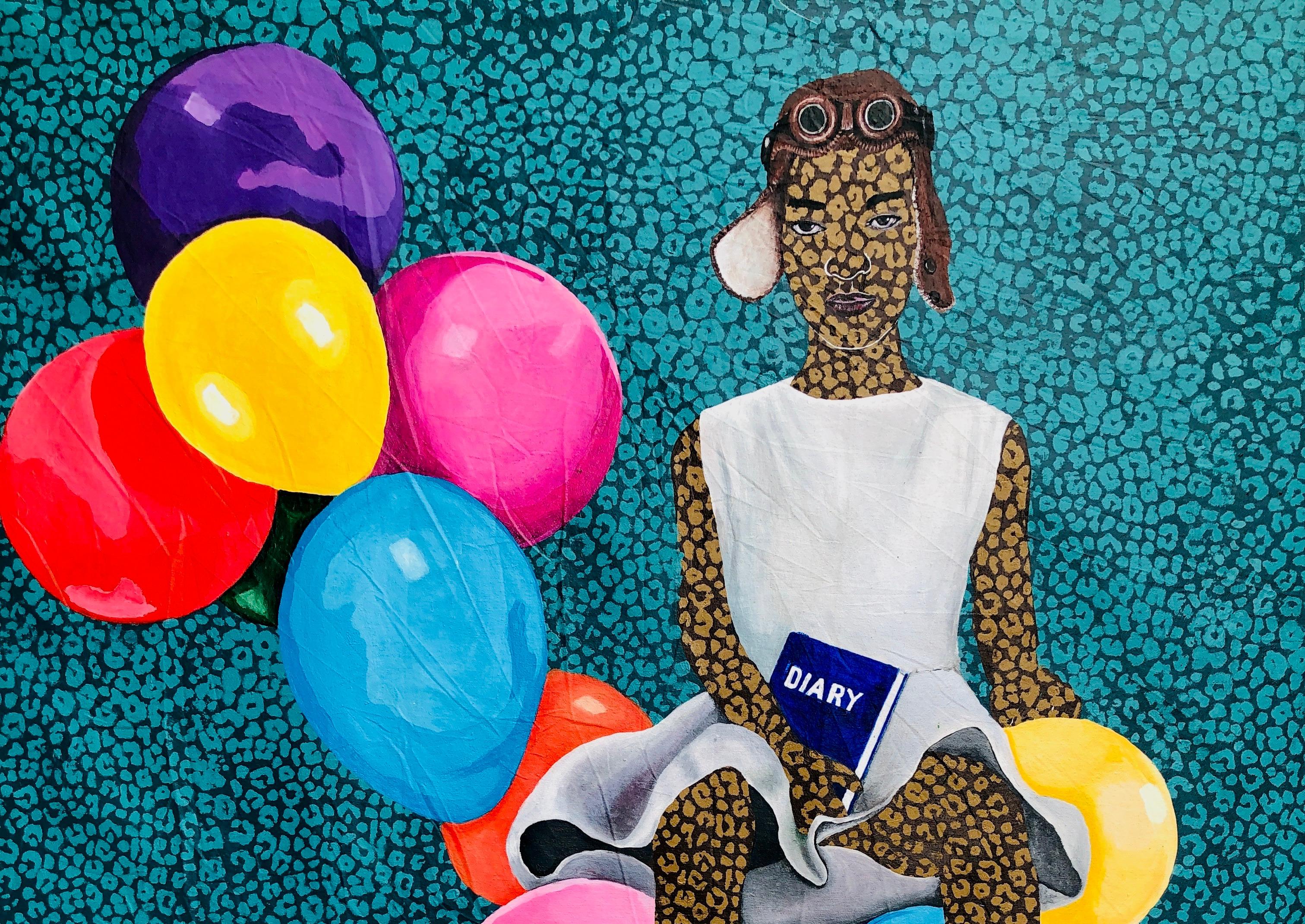Journeying With Thoughts -21e siècle, Expressionniste, Figurative Modern Balloon - Painting de Rotimi Godwin