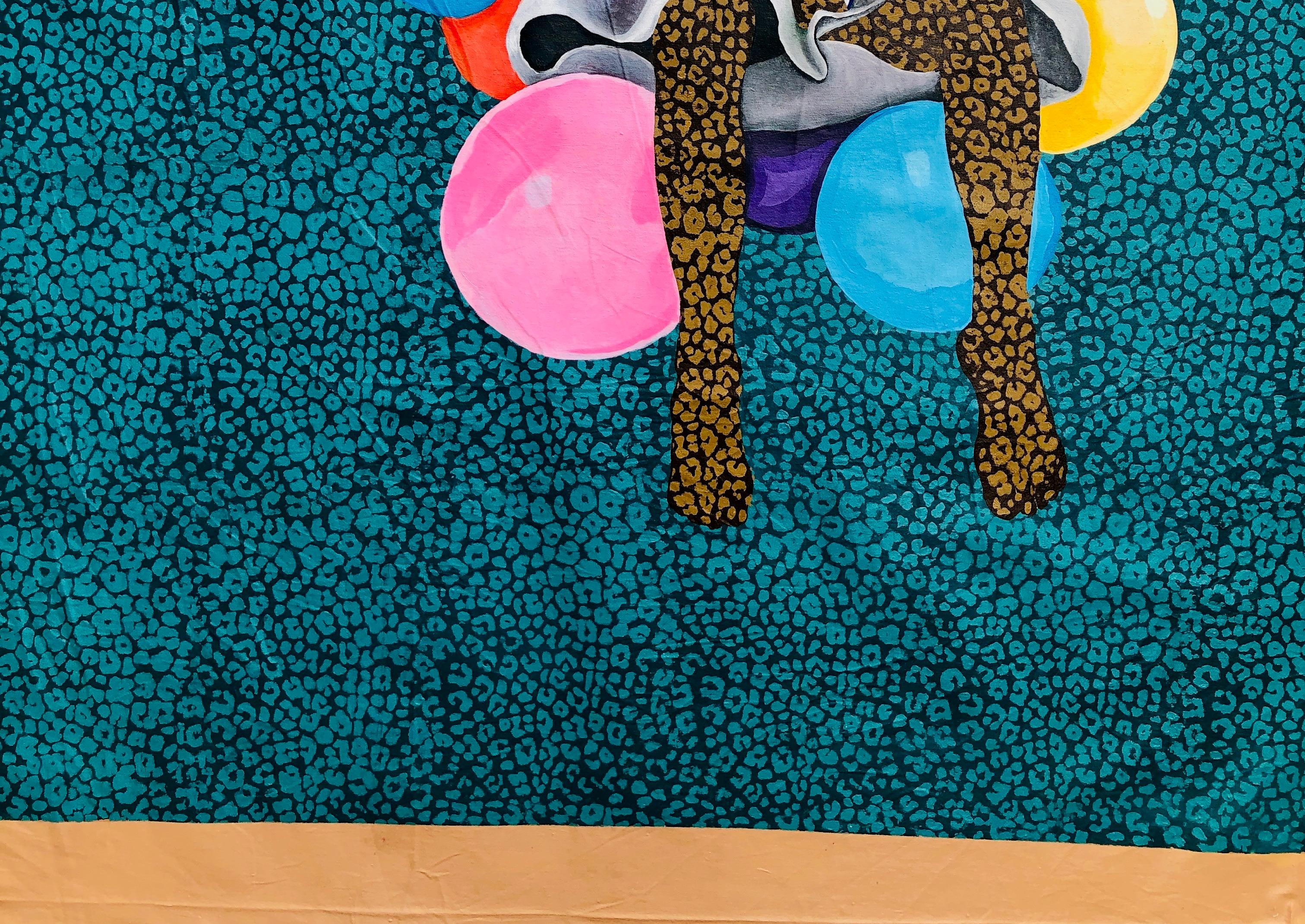 Journeying With Thoughts -21e siècle, Expressionniste, Figurative Modern Balloon - Bleu Figurative Painting par Rotimi Godwin