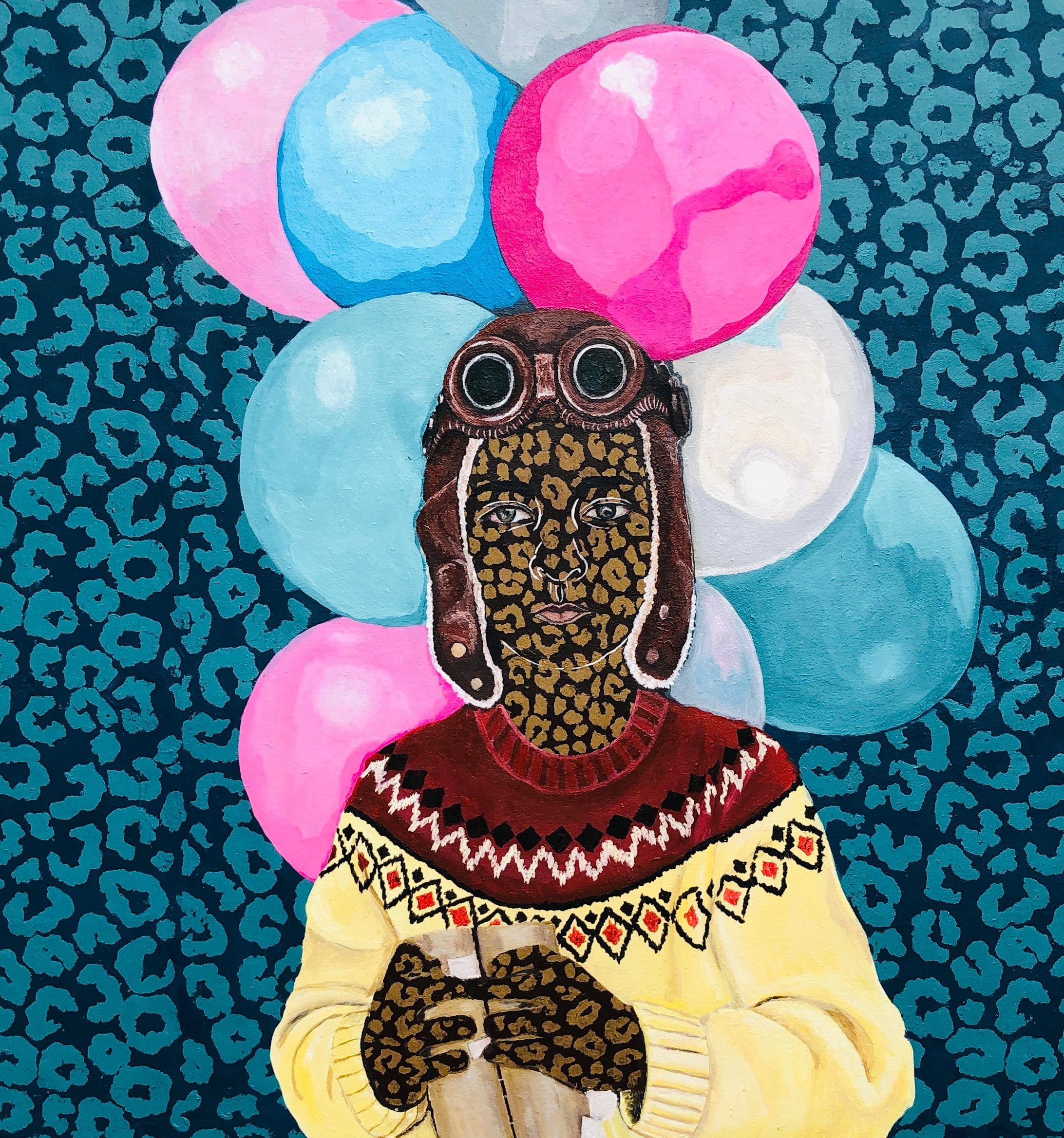 Little Explorer's Vision -21. Jahrhundert, Expressionist, Figurative Moderne Ballon (Blau), Portrait Painting, von Rotimi Godwin