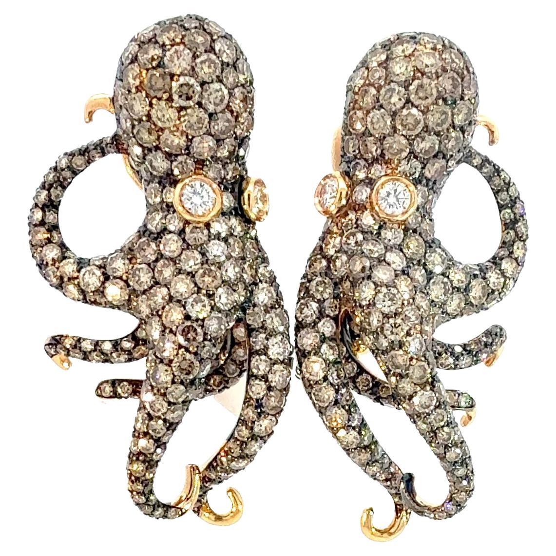 ROTO E ROTO 18K Gold Octopus Earrings with Brown & Orange Diamonds