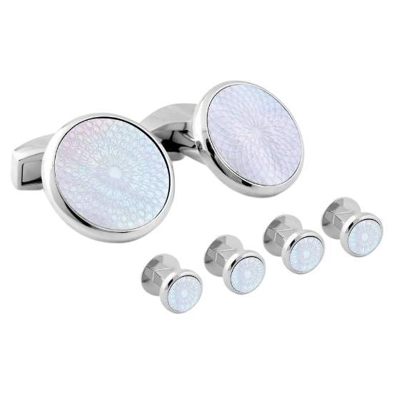 Rotondo Guilloche Stud Set with White Mother of Pearl in Stainless Steel For Sale