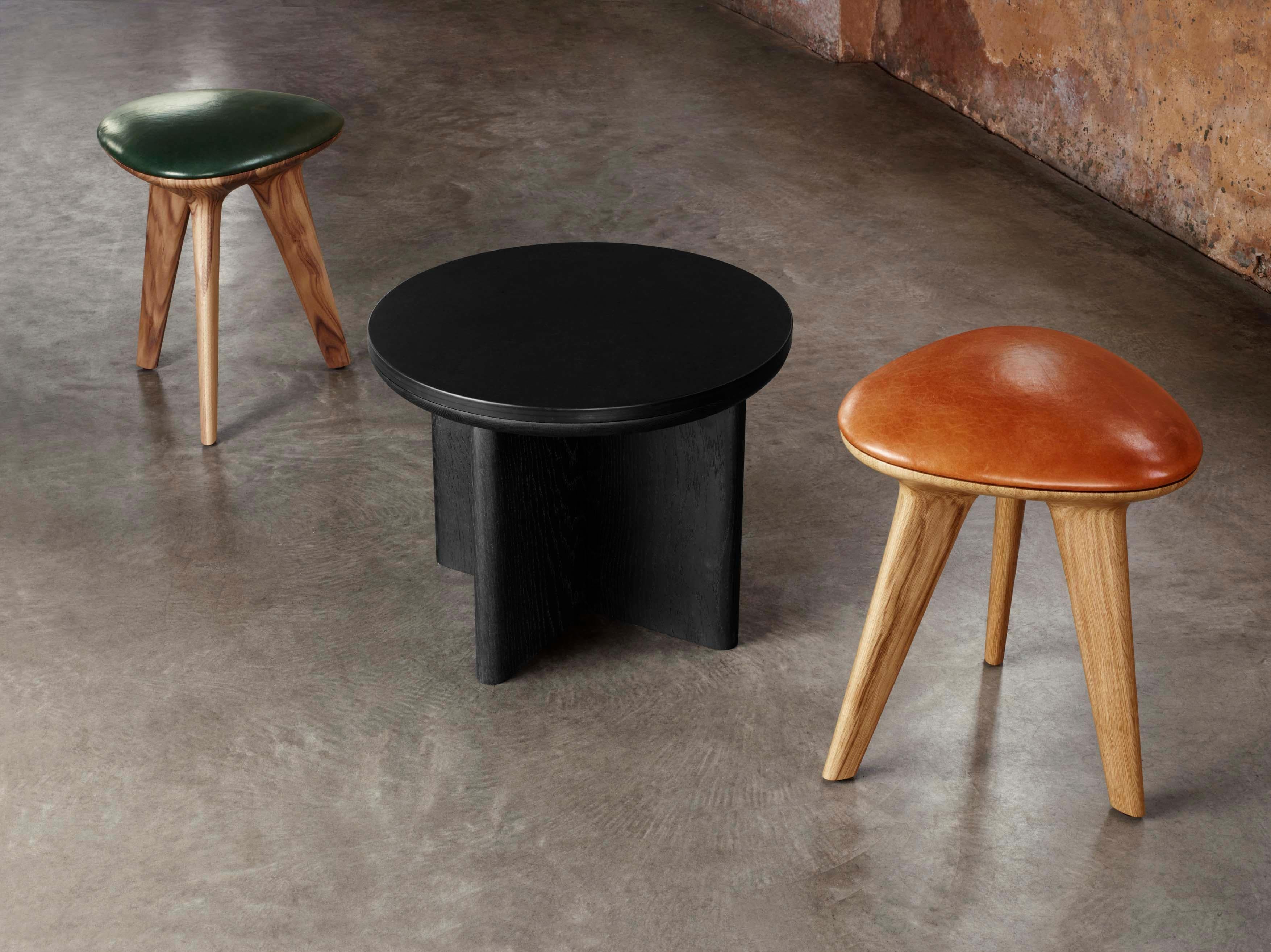 Minimalist Rotor, Solid Oak Stool with Padded Tan Leather Seat by Made in Ratio For Sale