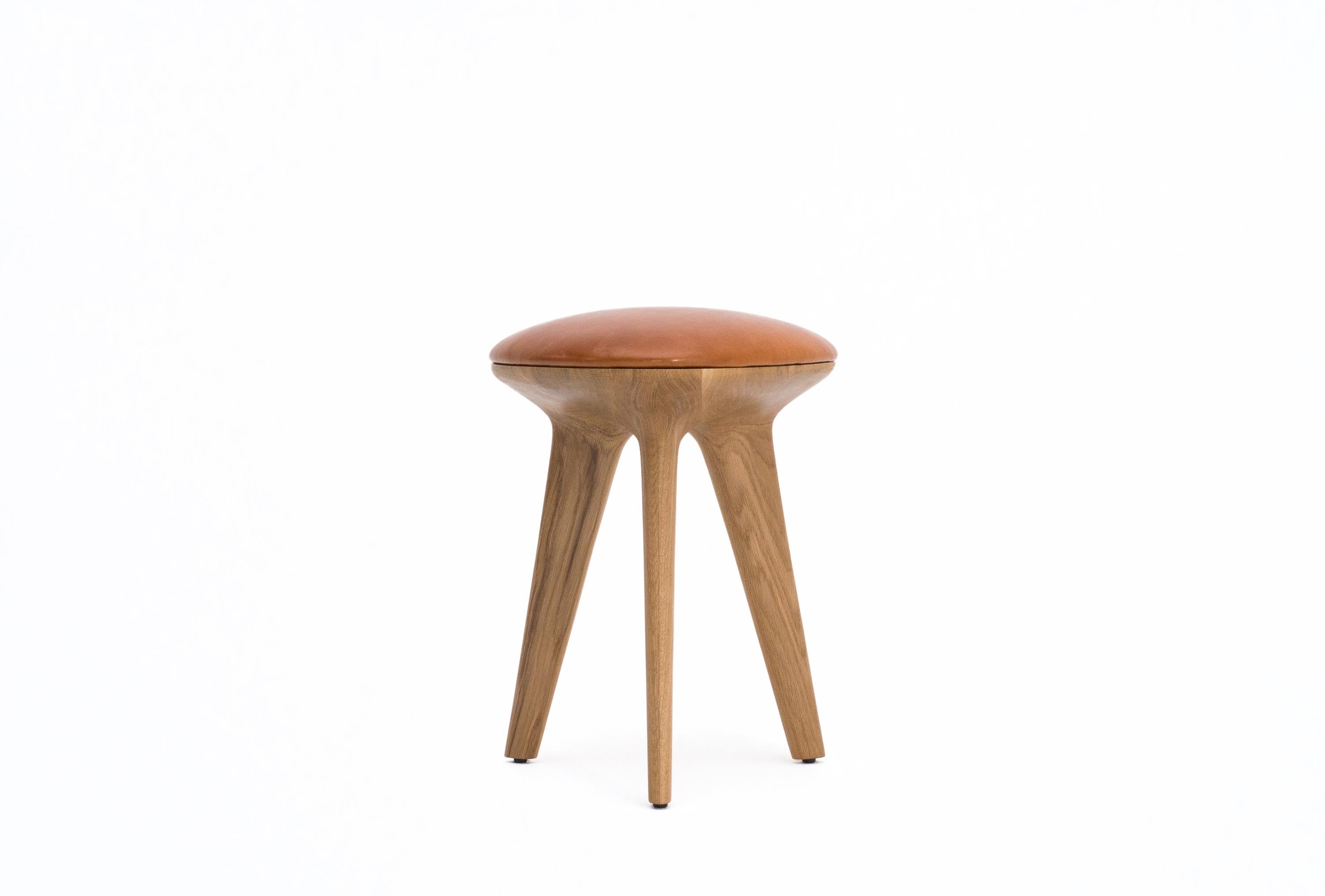 Inspired by the Reuleaux rotating triangle, the form of the Rotor stool is based on the intersection of three circles. The CNC-cut organic shape celebrates ‘the curve of constant width'. Available as a comfortable stool in oak or ebonized oak with