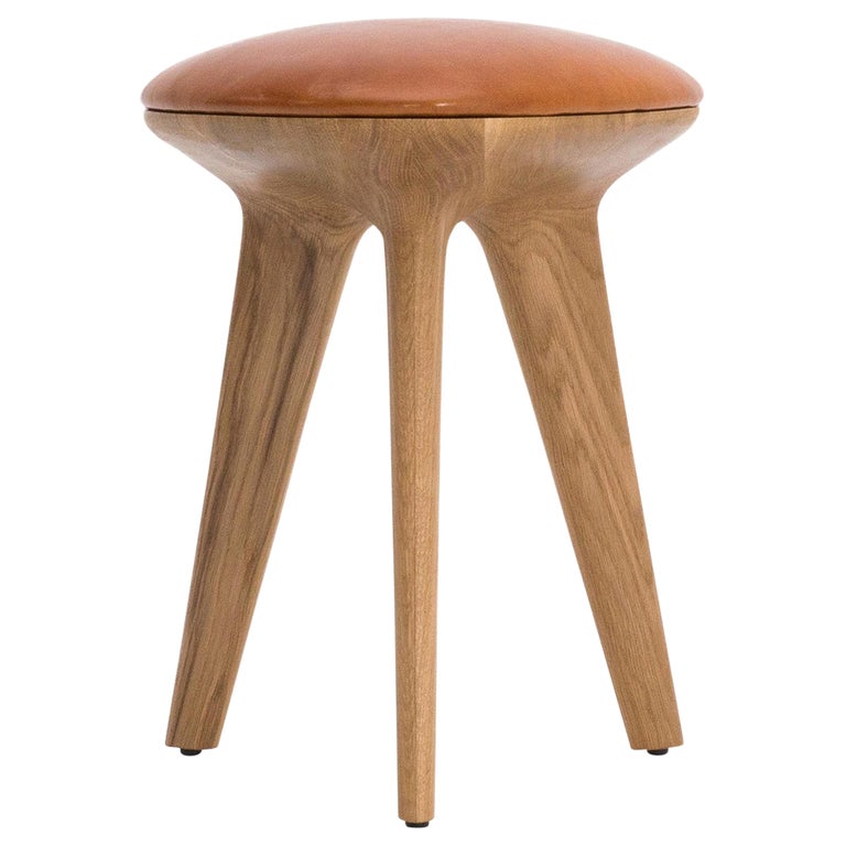 Rotor, Solid Oak Stool with Padded Tan Leather Seat by Made in