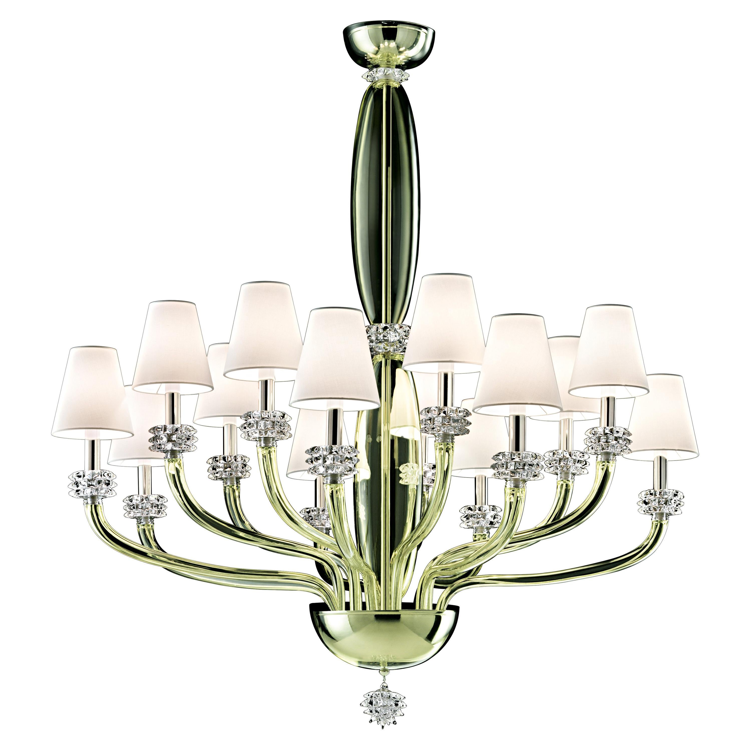 Green (Liquid Citron_EL) Rotterdam 5563 14 Chandelier in Glass with White Shade, by Barovier&Toso