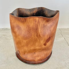 Rouched Saddle Leather Waste Basket, 1960s France
