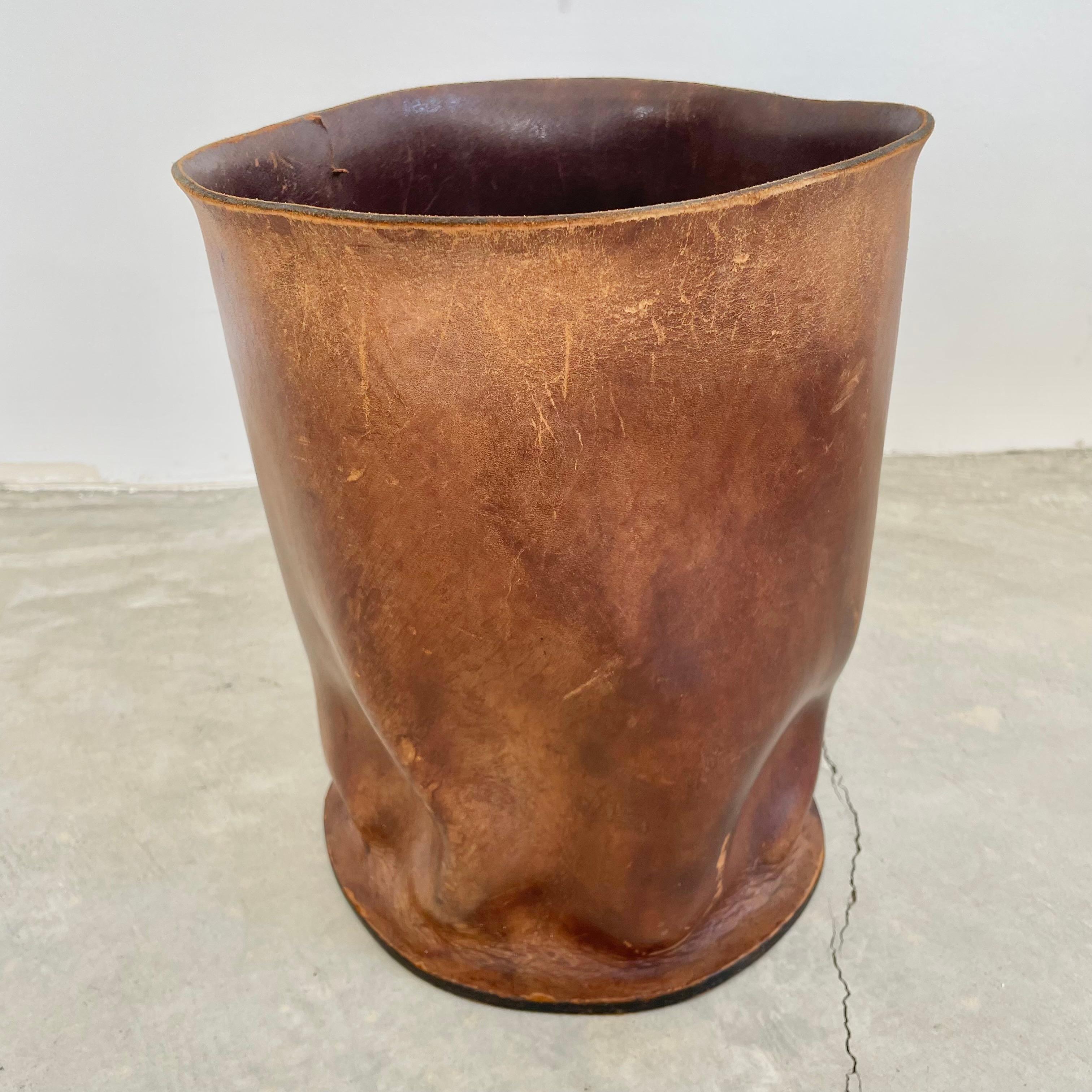 Mid-20th Century Rouched Saddle Leather Waste Basket, 1960s France