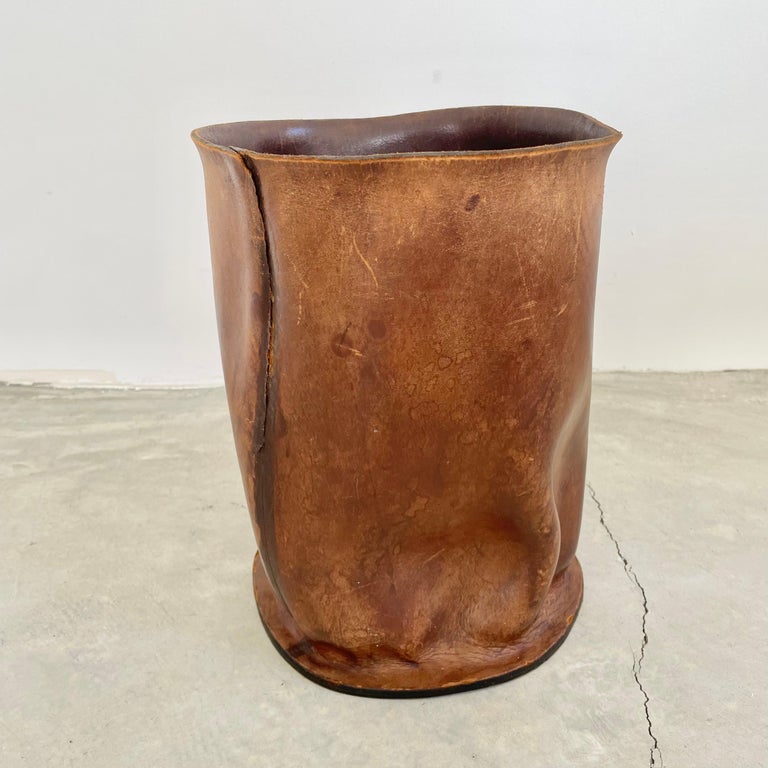 Rouched Saddle Leather Waste Basket, 1960s France For Sale at 1stDibs