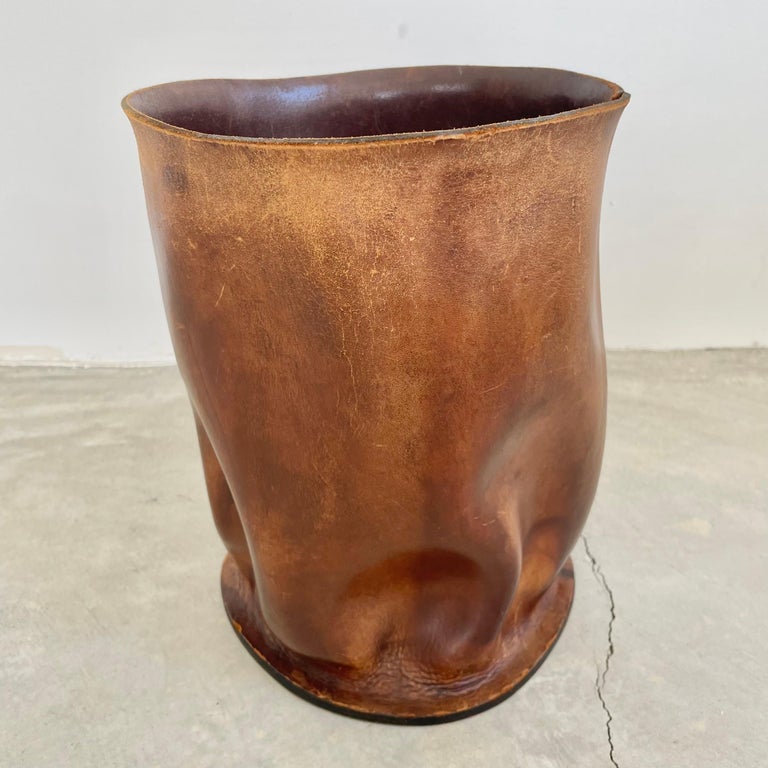 Rouched Saddle Leather Waste Basket, 1960s France For Sale at 1stDibs