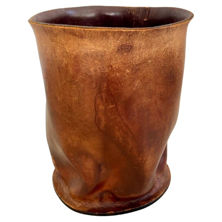 Rouched Saddle Leather Waste Basket, 1960s France For Sale at 1stDibs