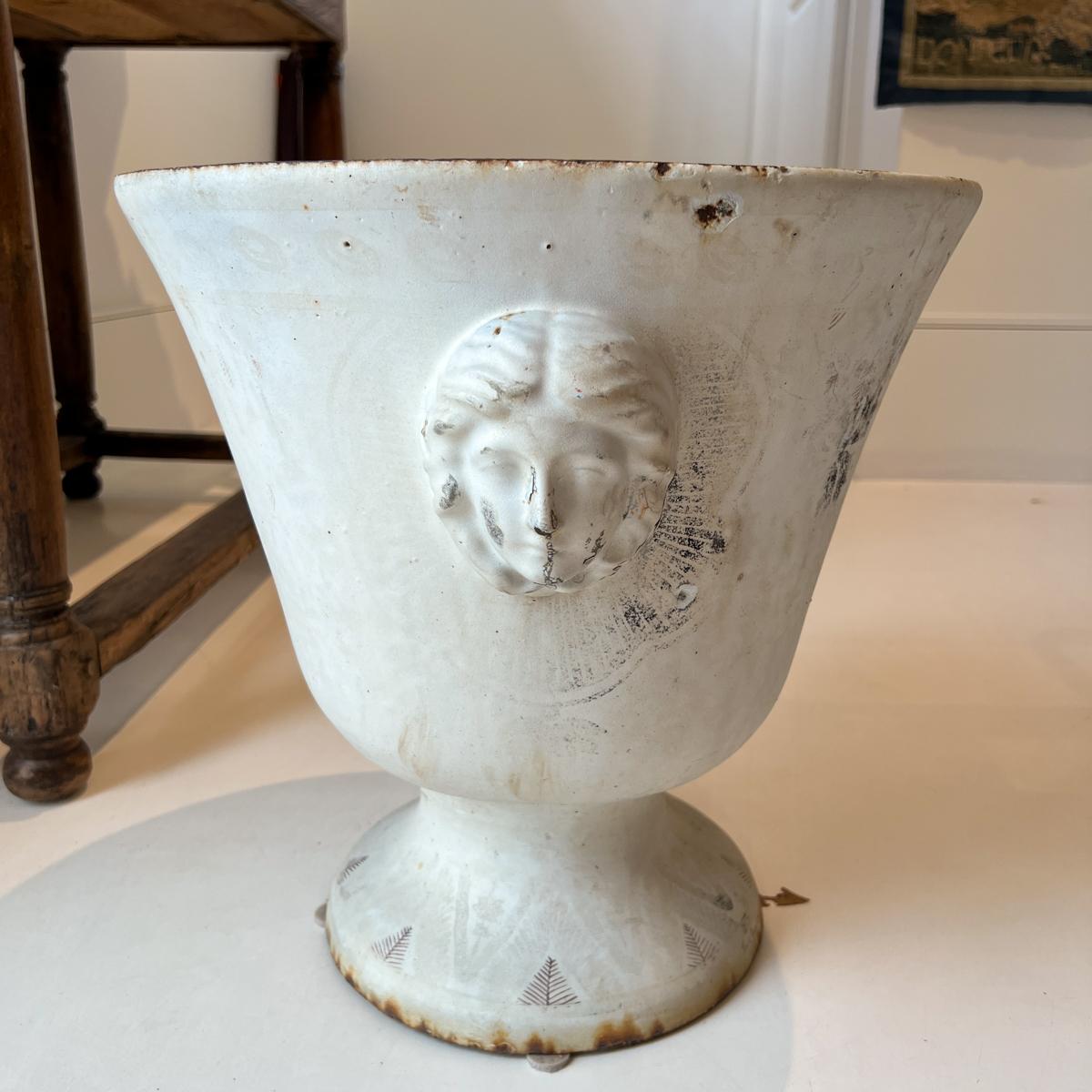 Rouen Cast Iron Enamel Jardiniere In Distressed Condition For Sale In New Orleans, LA