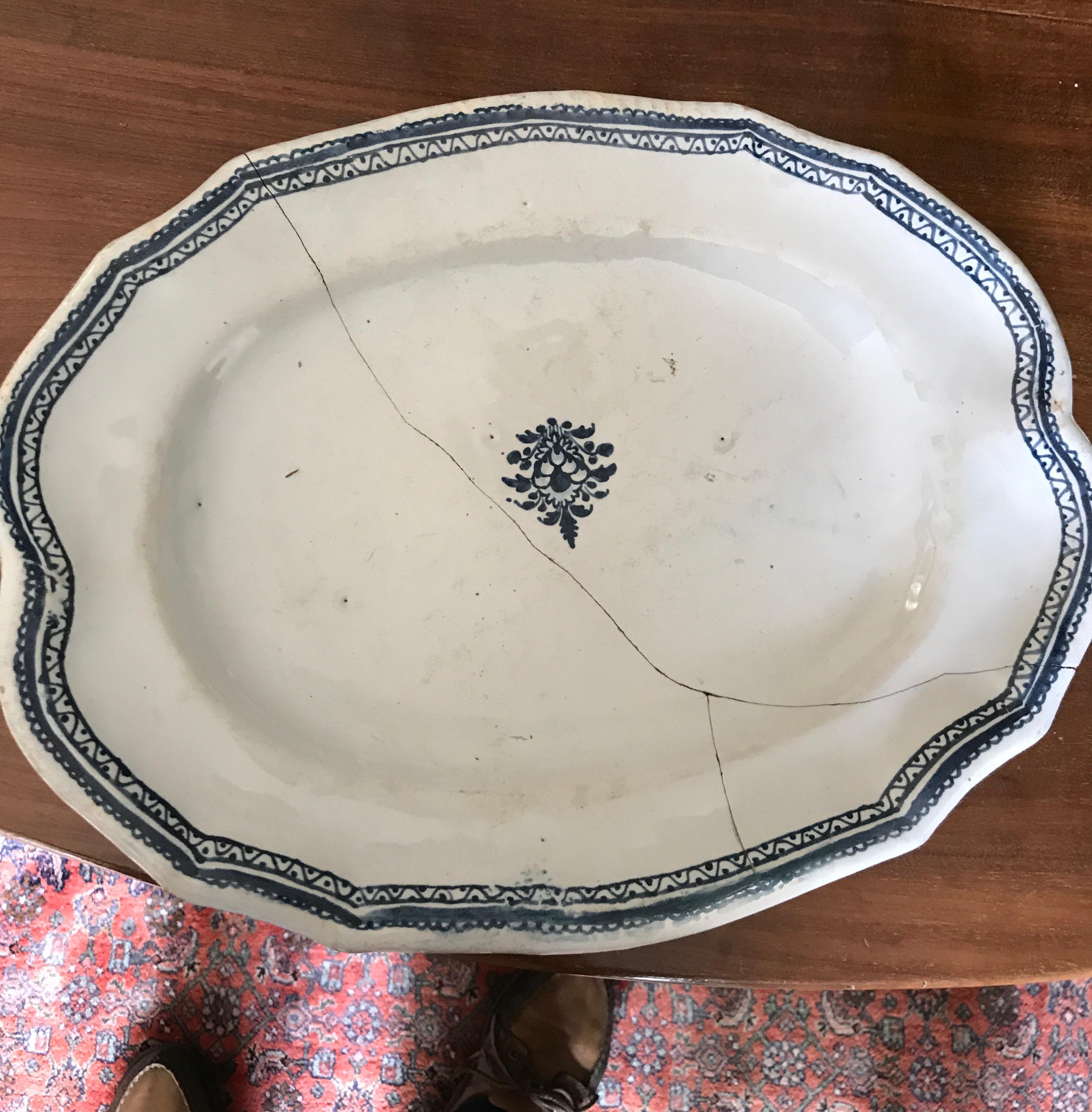 French Rouen France Plate Dish 18th Century Old Stitched Restauration Delft Blue For Sale