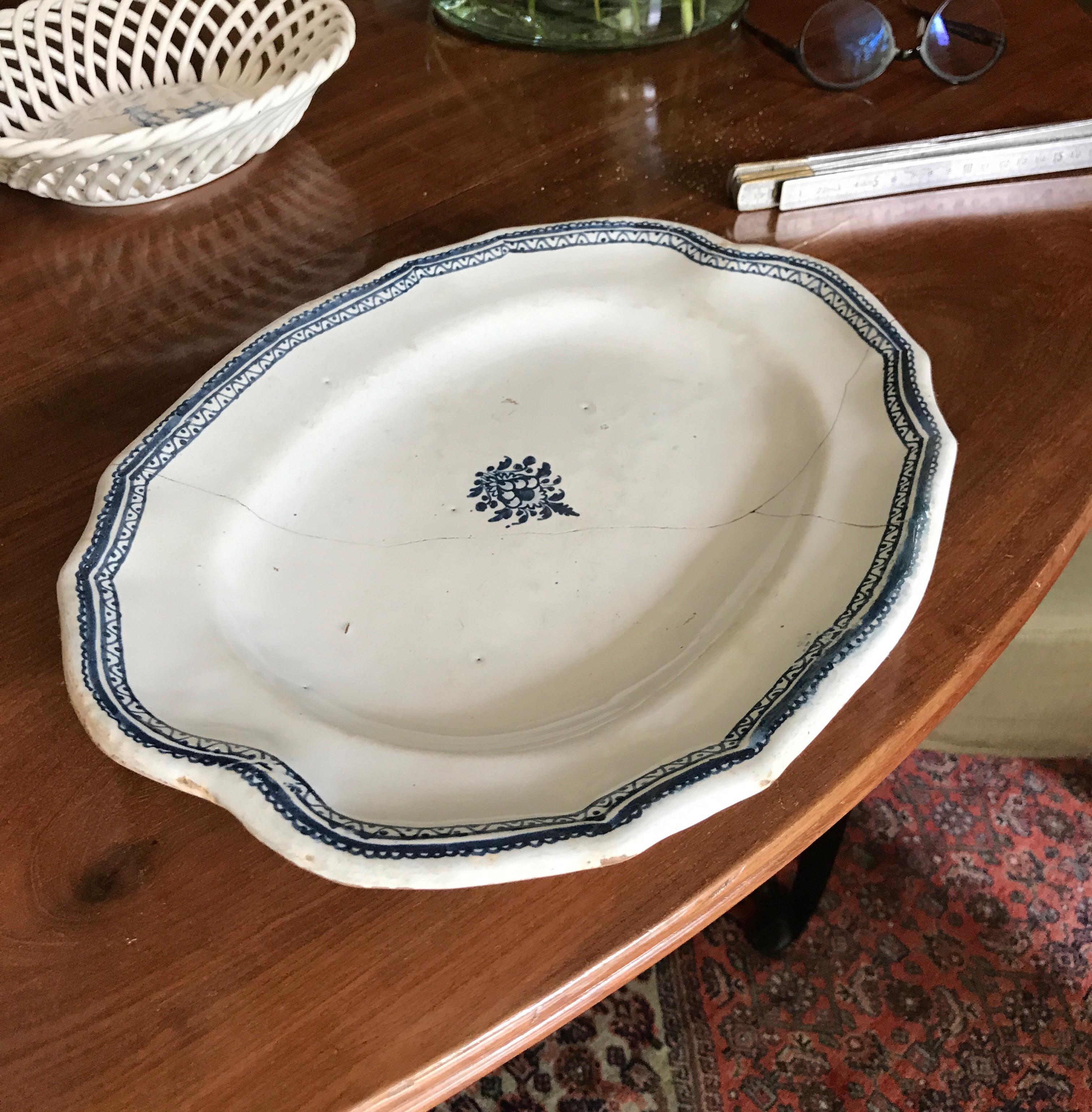 Hand-Crafted Rouen France Plate Dish 18th Century Old Stitched Restauration Delft Blue For Sale