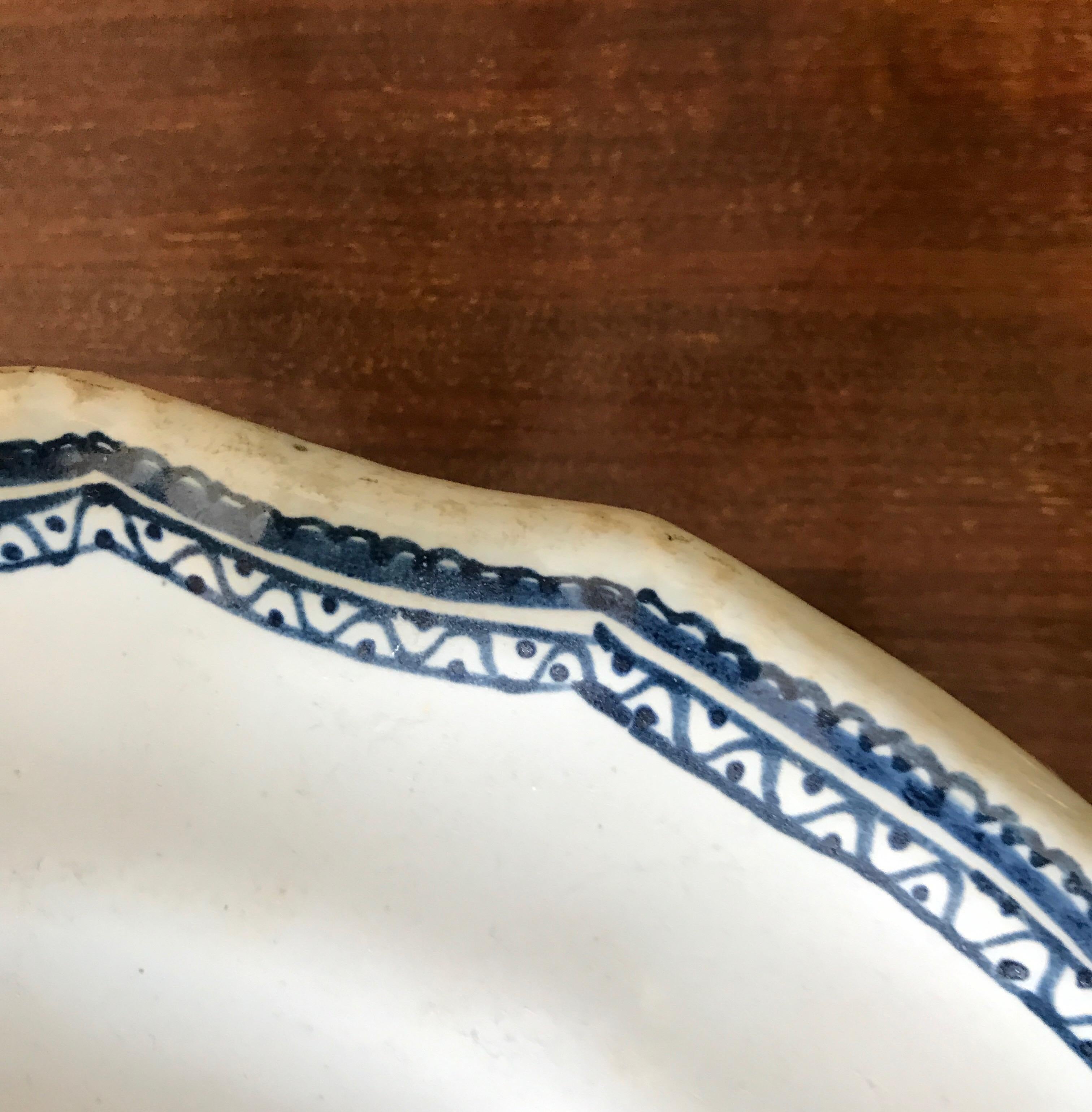 Faience Rouen France Plate Dish 18th Century Old Stitched Restauration Delft Blue For Sale