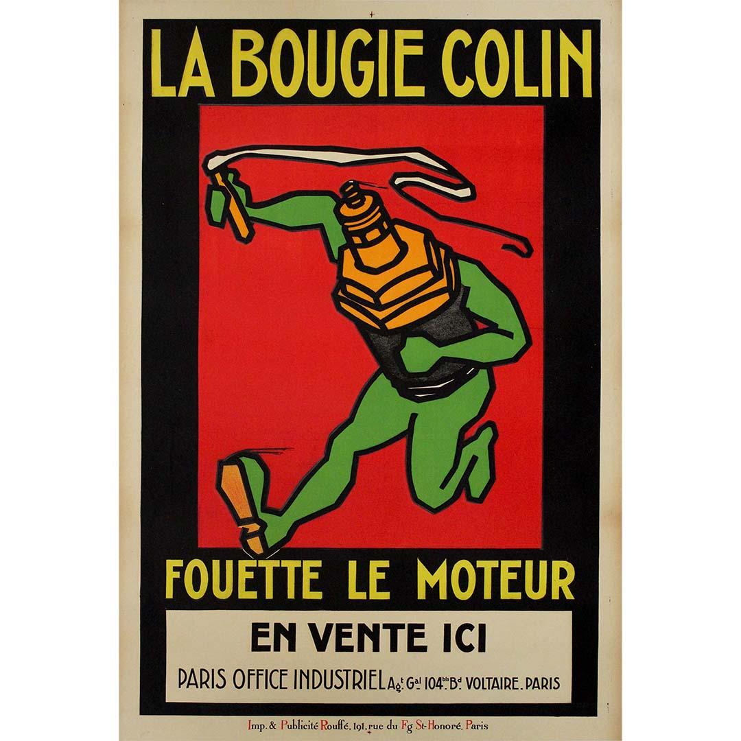 This striking circa 1950 advertising poster by Rouffé showcases the dynamic power of La Bougie Colin, a renowned French brand of spark plugs. Designed to capture the speed, reliability, and energy of modern automotive engineering, this poster